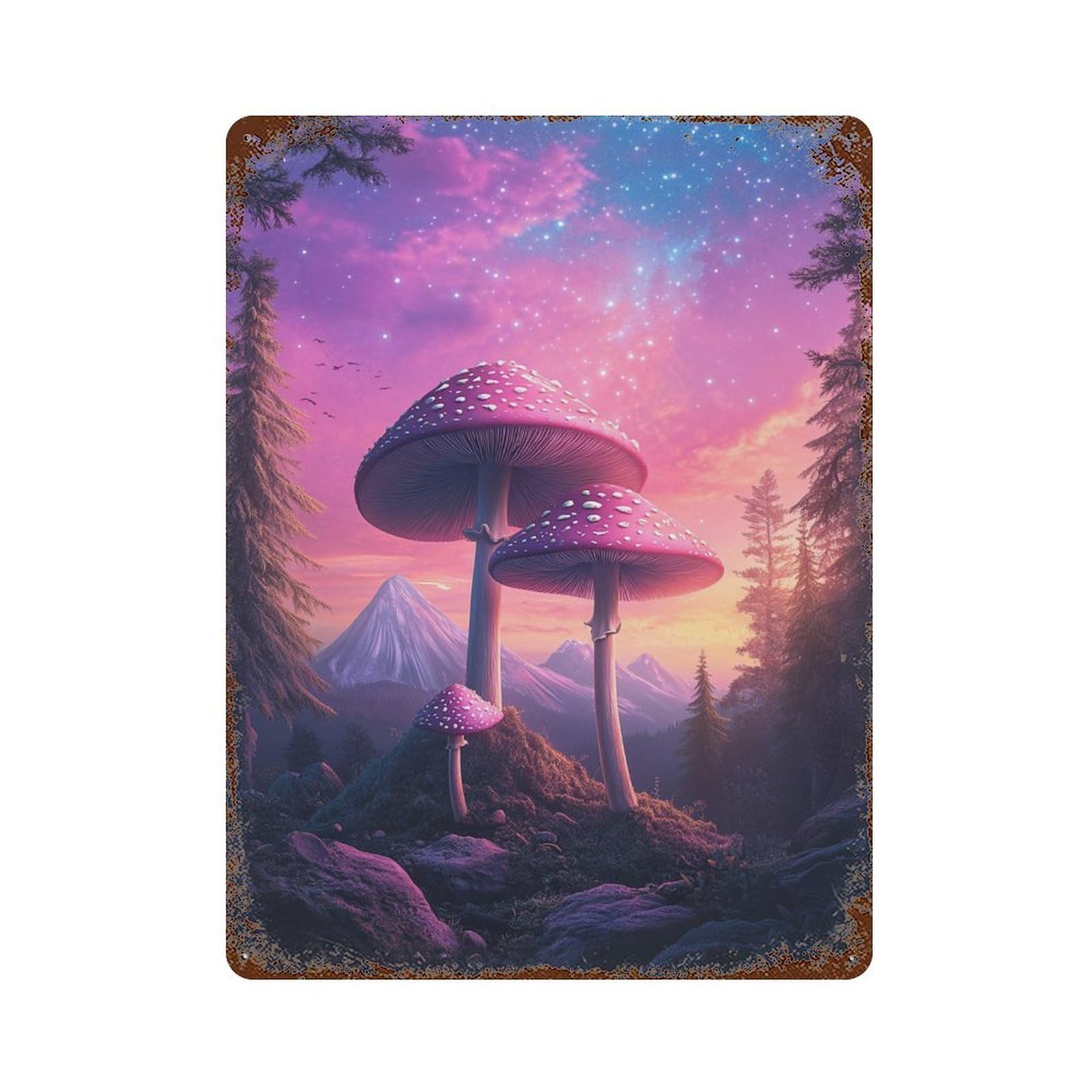 Fantasy Mushroom Forest Rust Effect Tin Sign 15.7"x11.8", Rustic Home Decor for Cafe, Home Bar And Lounge Decor