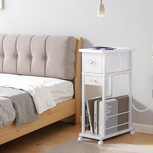 Miniatura 2 de Mesa auxiliar con estación de carga y cajón, mesa auxiliar estrecha con puertos USB y salidas para espacio pequeño, sala de estar, dormitorio y
