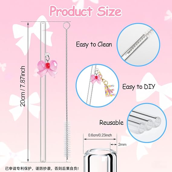 6 Pack Reusable Glass Straws with Cute Bow Charms Clear Shatter Resistant Drinking Straight Straw with 2 Cleaning Brushes Party Favors Gifts for Smoothies Juice Milkshakes Cocktail