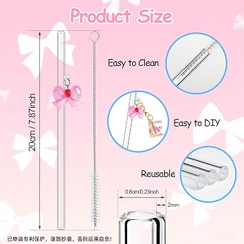 6 Pack Reusable Glass Straws with Cute Bow Charms Clear Shatter Resistant Drinking Straight Straw with 2 Cleaning Brushes Party Favors Gifts for Smoothies Juice Milkshakes Cocktail