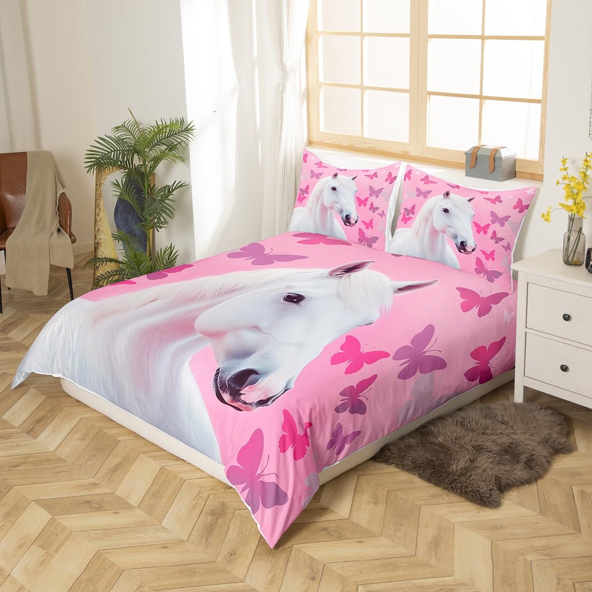 Homemissing Girls' Horse Duvet Cover Set Single Size Pink White Horse Printed Bedding Set Butterfly Flower Duvet Cover with 1 Pillowcase Children'S Women'S Animal Theme - Image 3
