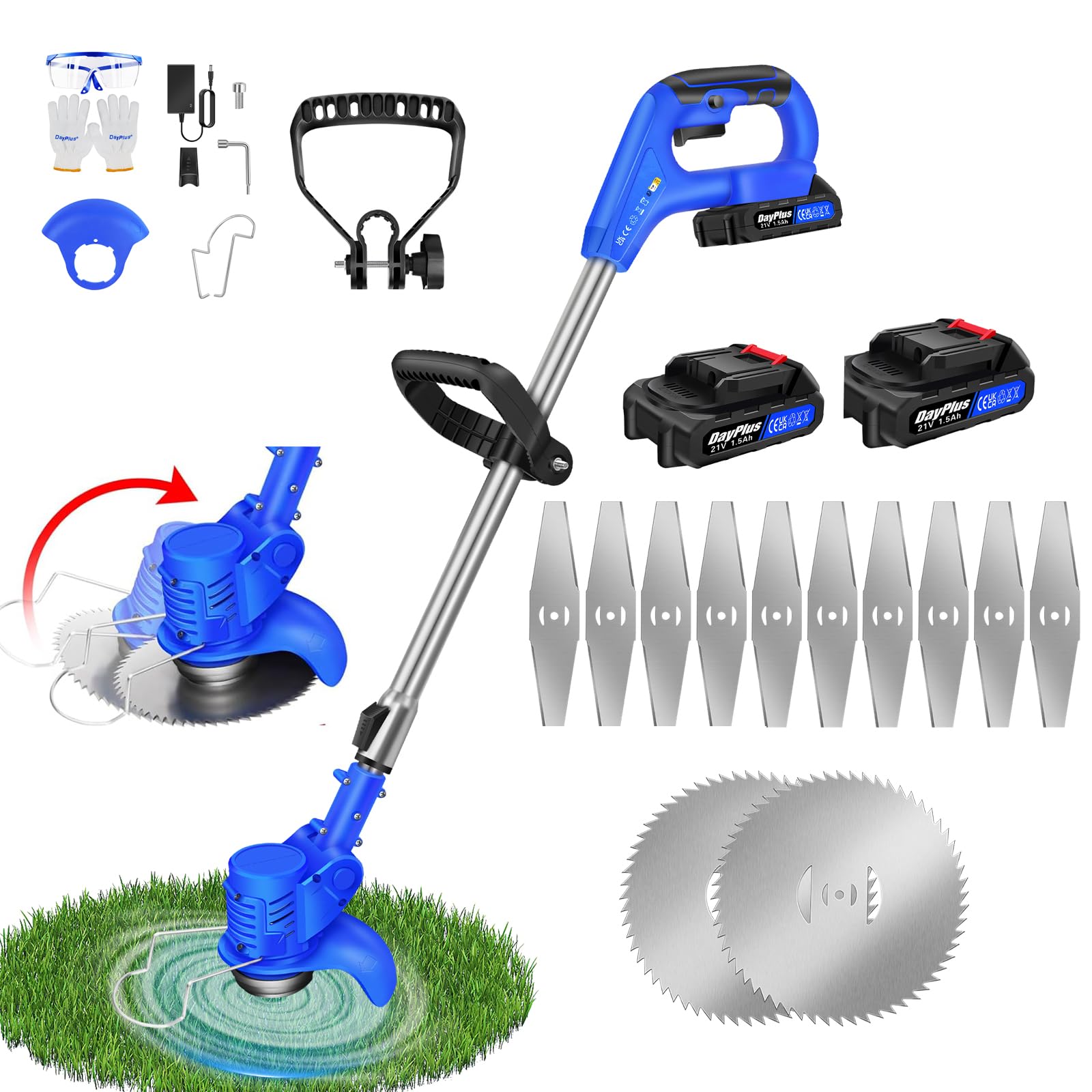 Cordless Strimmer 21V,Telescopic Lightweight Grass Trimmer with 90° Head pivots，Grass Trimmer Lawn Edger,2 Battery,Electric Garden Strimmer Grass Cutter for Lawn Edger Pruning Weed