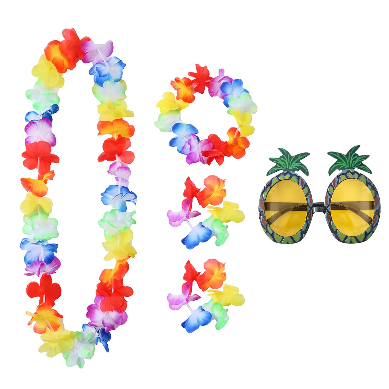 Toumett 5 PCS Hawaiian Garland Set,Hawaiian Fancy Dress,Necklaces Pineapple Sunglasses,Hawaiian Leis Garlands Colorful Flower,Beach Dance for Adults for Tropical Party Decorations