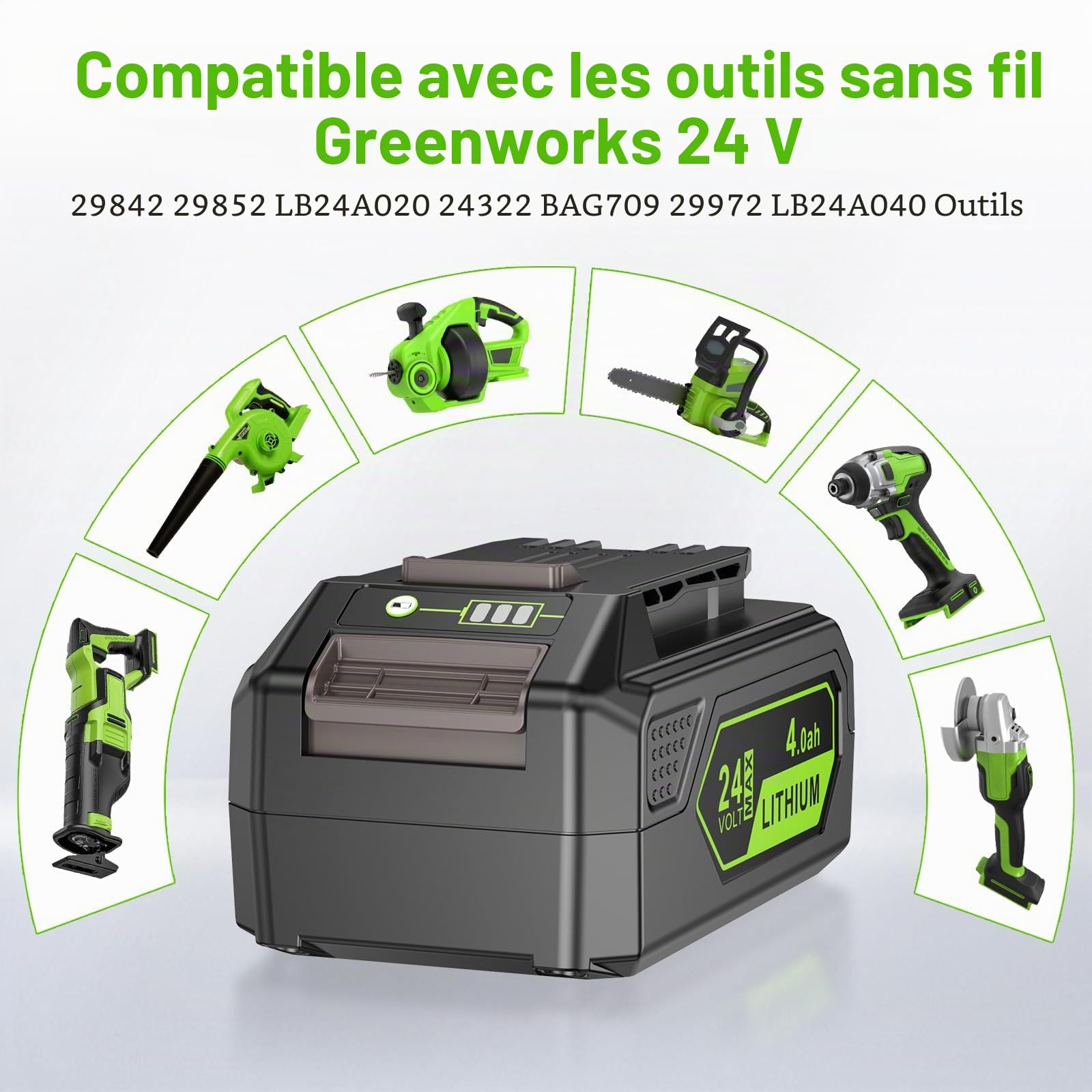 LabTEC Batterie GW2430 pour Greenworks, Batterie Li-ION 24 V 4,0 Ah de Remplacement pour Outils Greenworks 24 V 29862 2938202 26111700 Chargeur Tondeuse à Gazon Souffleur de Feuilles Batterie