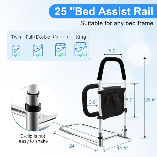 Miniatura 5 de WHOMEC Rieles de cama para seguridad de adultos mayores riel de asistencia de cama con barras de agarre dobles y protector de prevención de caídas y