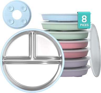 Suction Toddler Plates Set with Lids - Divided Stainless Steel Kids Plates with Dividers Silicone Baby Dishes 7.8 inch 8 Pack Sets