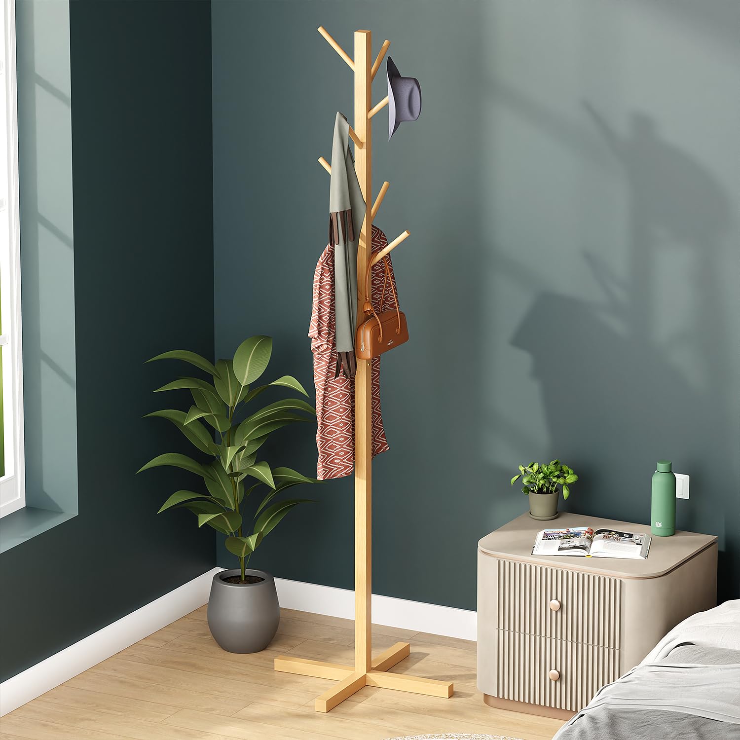 Lukzer Bamboo Freestanding Coat Hanger Stand with 8 Hooks | Natural Wooden Clothes & Hat Rack | Space-Saving Floor Stand for Bedroom, Entryway, Office & Living Room | Multipurpose Organizer CH-493 3