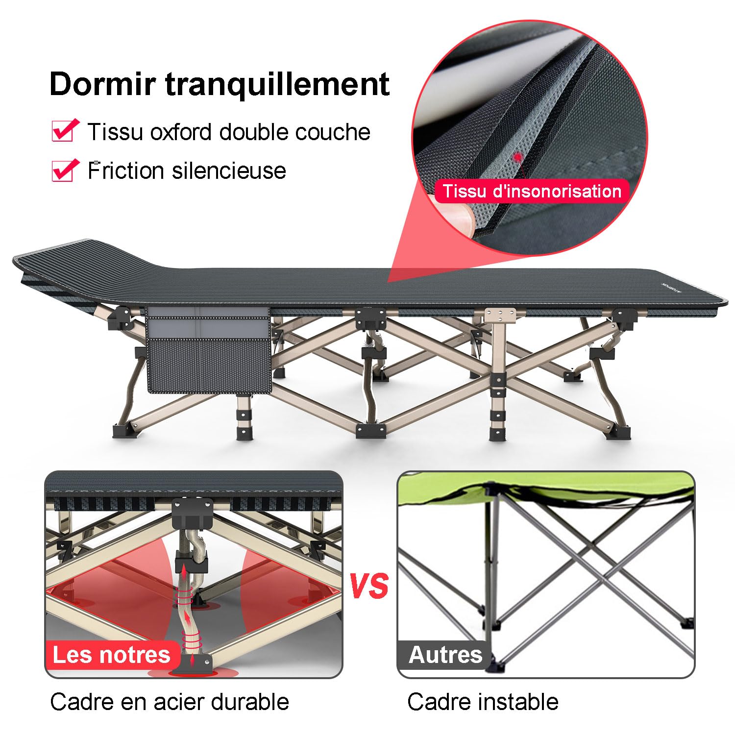 ATORPOK SHOP Cama de camping plegable robusta para adultos, carga hasta 200 kg, gran superficie de dormir 190 x 68 cm, pesca exterior jardín interior