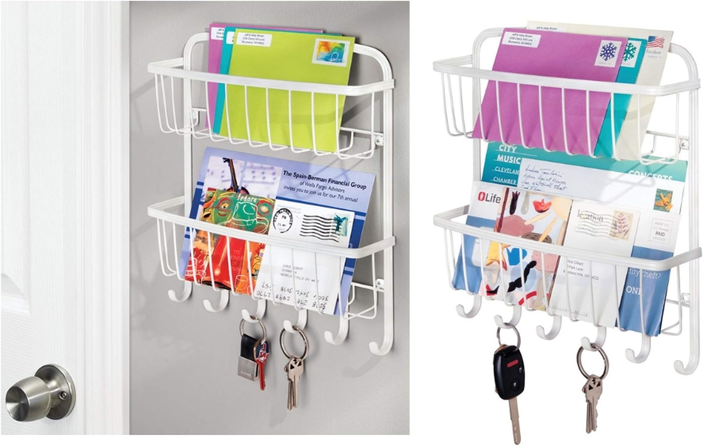 InterDesign York Lyra 2 Tier Wall Mounted Letter Rack, Key Holder for Wall, Matte White, 6 hooks