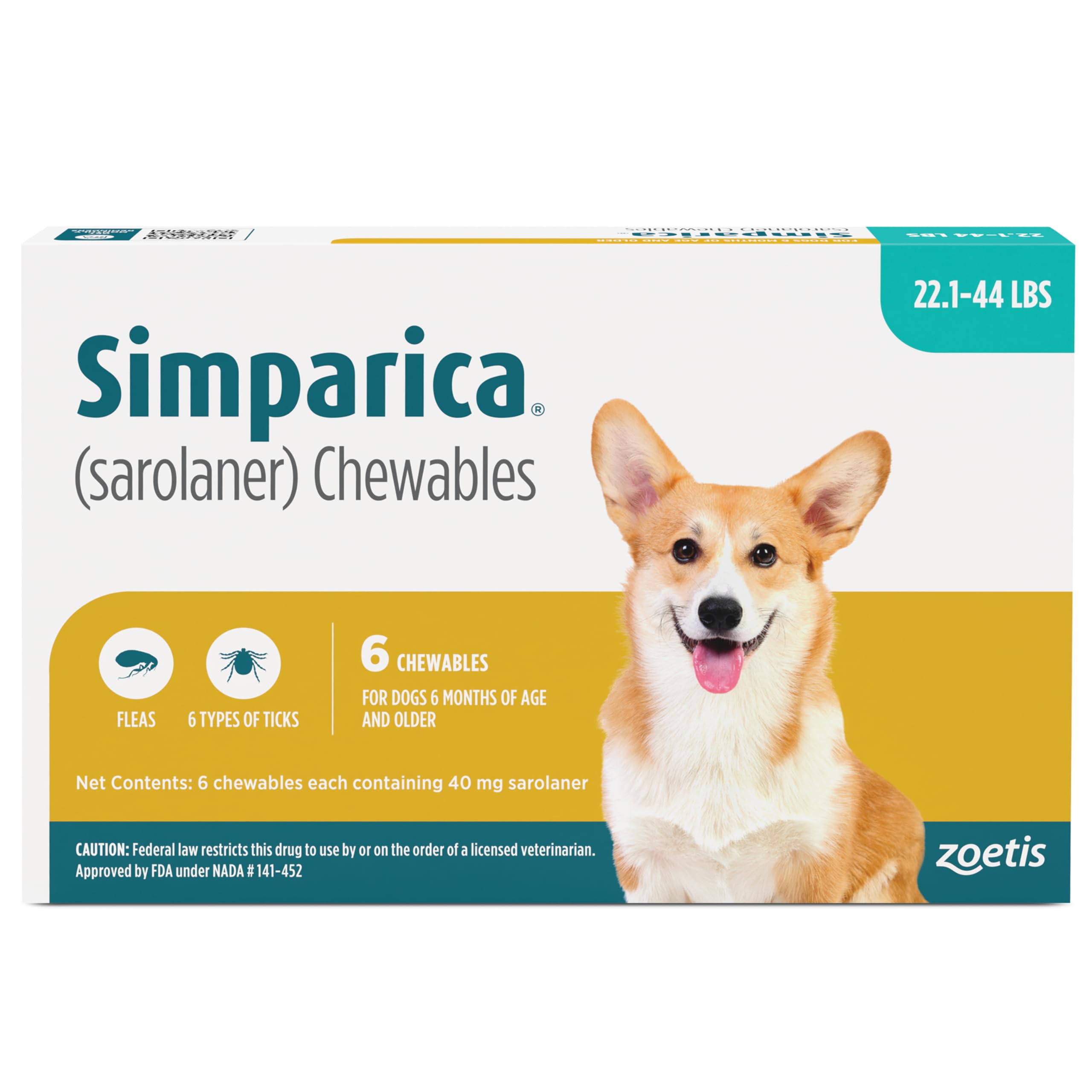 Simparica (sarolaner) Chewables for Dogs, 40 mg/tab, 22.1-44 lbs (Blue), 6 Tablets