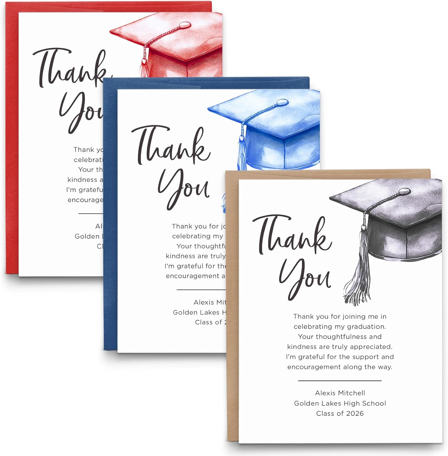 Personalized Graduation Thank You Notes With Envelopes, FLAT 2026 Grad Thank You Cards With Pre Written Message for Graduation, Your Choice of Cap Color, Quantity, and Envelope Color