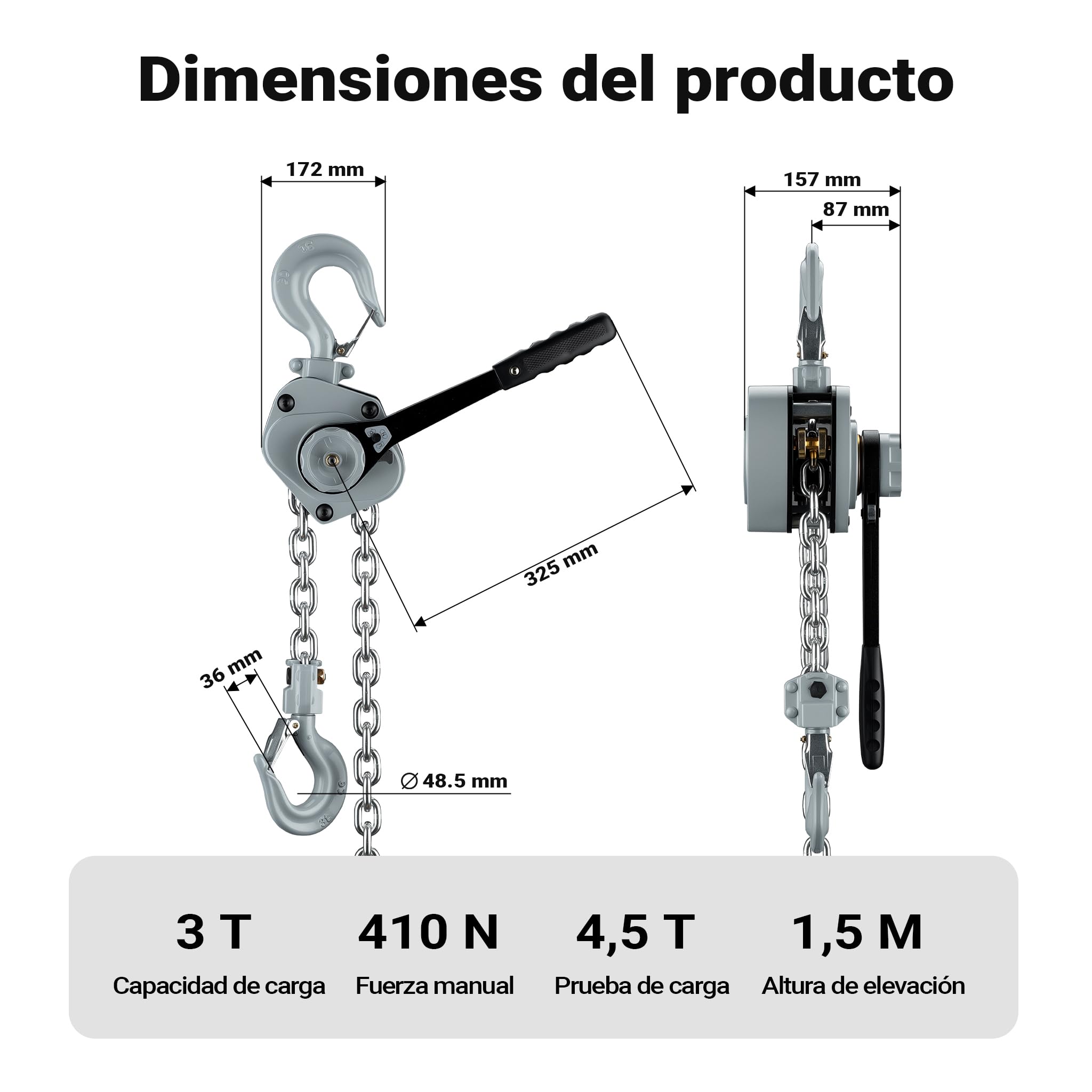 Wiltec Mini polipasto de palanca 3 t con cadena G100 y carcasa de aluminio cabrestante manual de 1,5 m de elevación sistema de freno y engranaje reductor para mayor seguridad y facilidad de uso