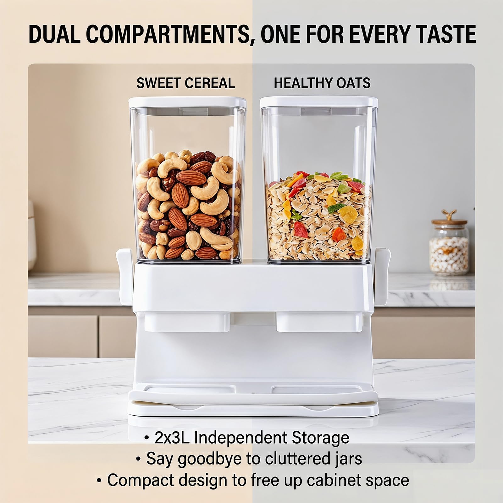 Set di 2 dispenser per cereali, 3 l, ermetici, di grande capacità, per conservare il riso automatico, contenitori trasparenti con coperchio, per cereali, snack e cereali (bianco)