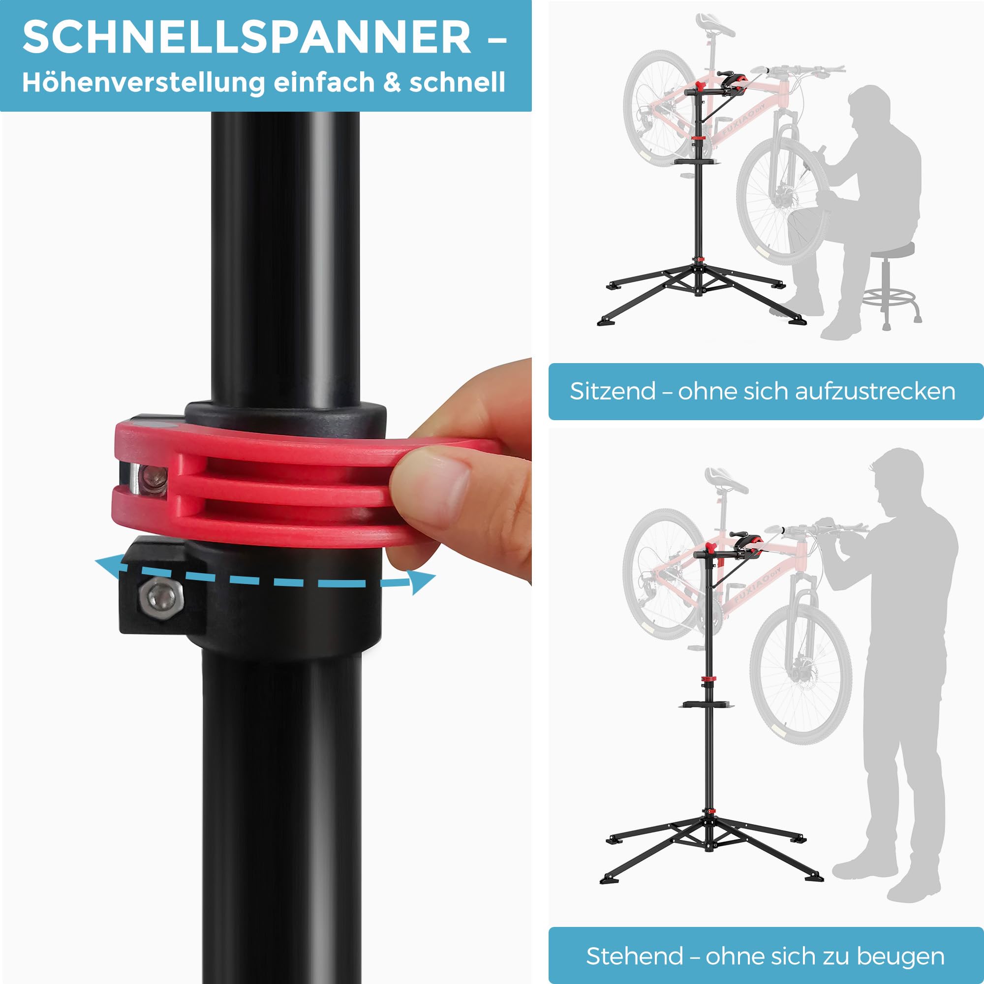 Profi Fahrrad Reparaturständer, mit großem rechteckigem magnetischem Werkzeugtablett und Vorderradhalter, 360° drehbarer Klemmkopf, klappbar & universell verstellbar, bis 30 kg belastbar