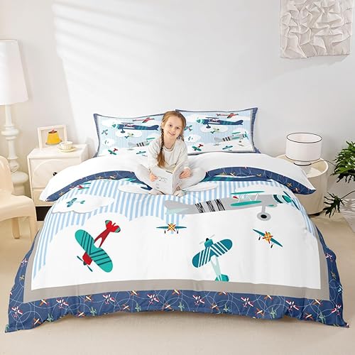 Castle Fairy Juego de ropa de cama de avión para niños, cielo azul y nubes blancas, juego de funda de edredón para niños, adolescentes y mujeres,