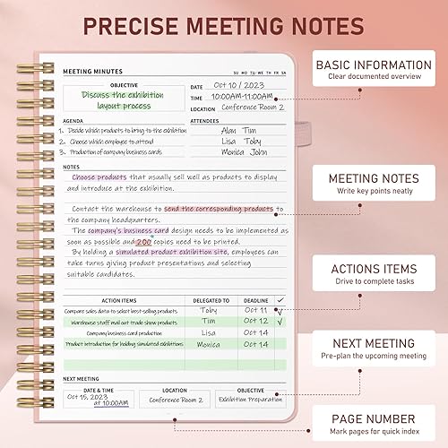 Miniatura 3 de WEMATE Cuaderno de reuniones para el trabajo B5 (7 x 10 pulgadas), cuaderno de trabajo de piel sintética con agenda, artículos de acción y notas
