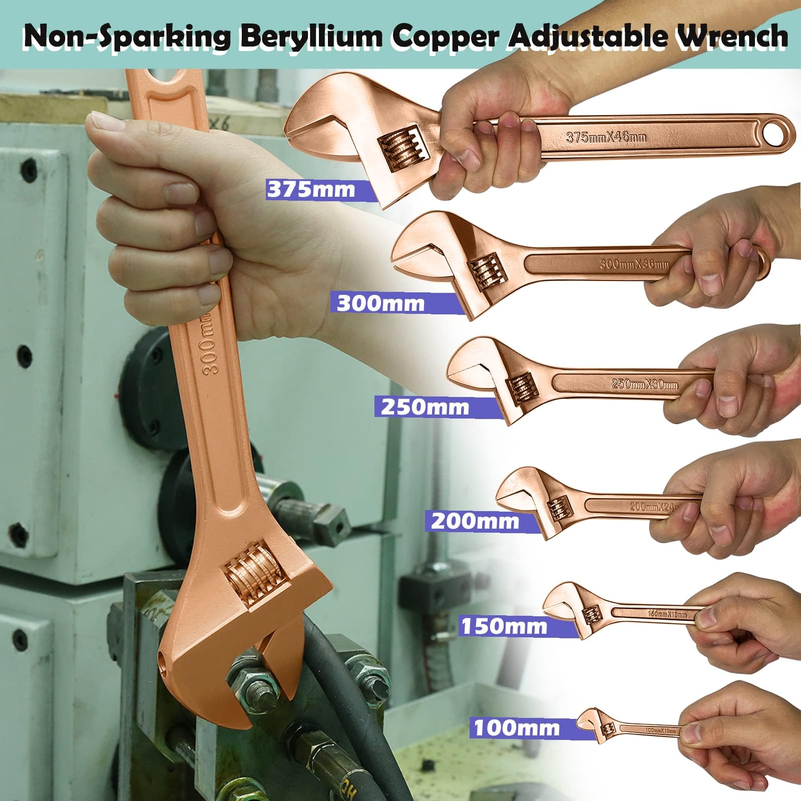 WEDO 3 llaves ajustables sin chispas de 4 + 6 + 8 pulgadas, llave de seguridad sin chispas, herramienta de seguridad, cobre berilio, no magnética, estándar DIN, certificado BAM y FM