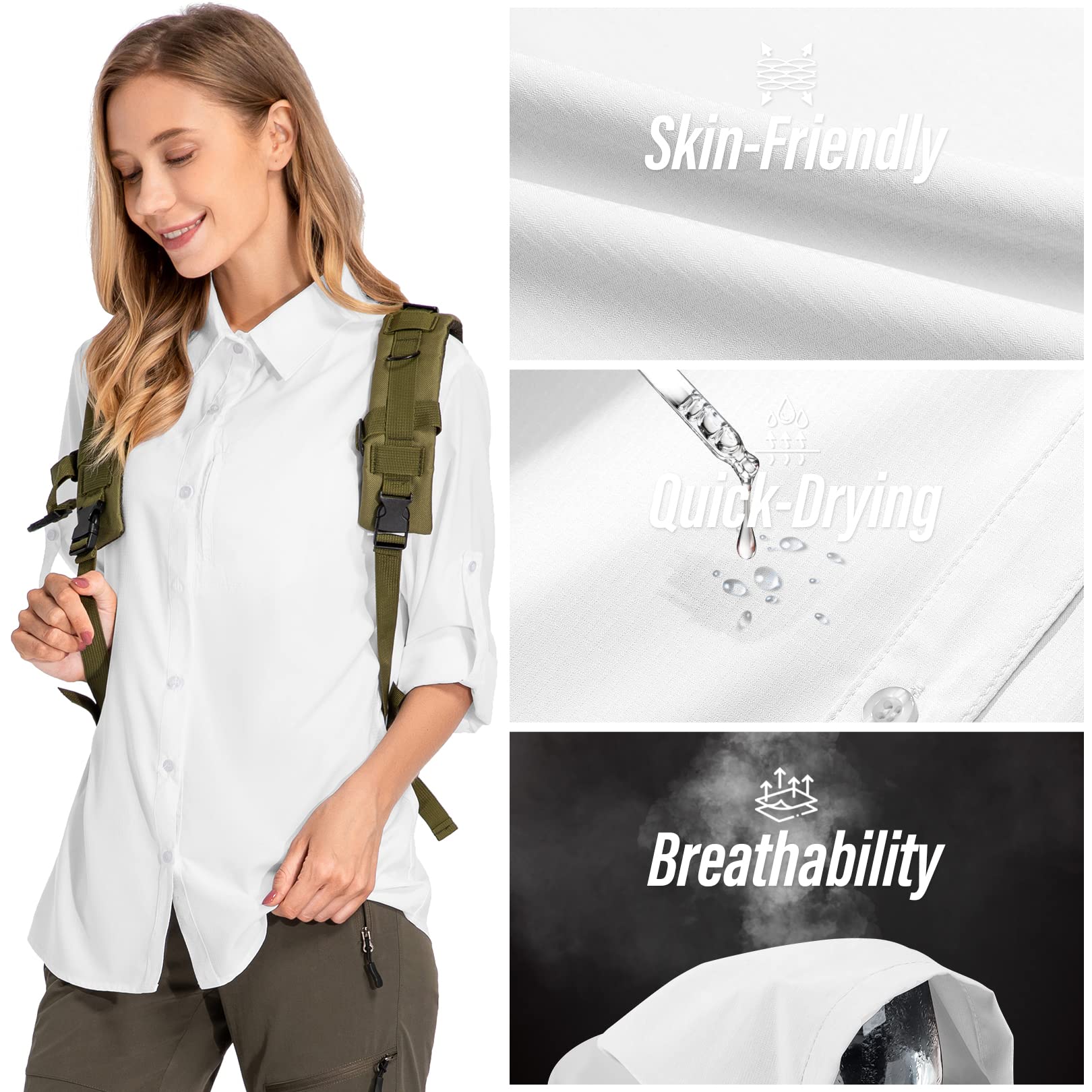 yeyity Blusa de manga larga para mujer, con protección UV, de secado rápido, para senderismo, safari, informal, con botones, para vacaciones en la playa, elegante blusa