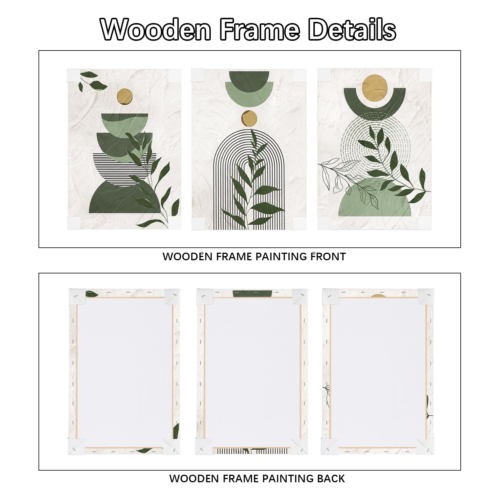 3 Pcs Wooden Framed Canvas Wall Art Set Bohemian Sage Green Canvas Prints Poster Geometric Line Beige Green Pictures for Living Room Bedroom Dinning Room Hallway Stairs Wall Decor 30x40cm x3pcs — view 56