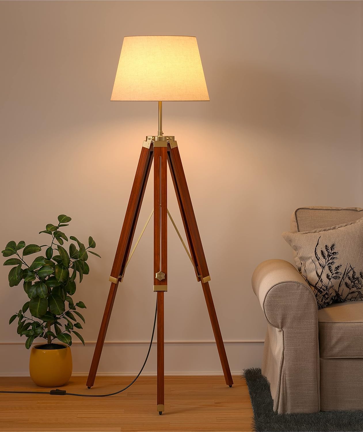 Home Decor Tripod Floor Lamp Standing Wood Brown Polished Brass Antique Gold Adjustable 5ft Height 16 inches Off White Drum Lampshade for Living Room Corner, Bedroom, Home, Hotel Pack of 1.-image-15