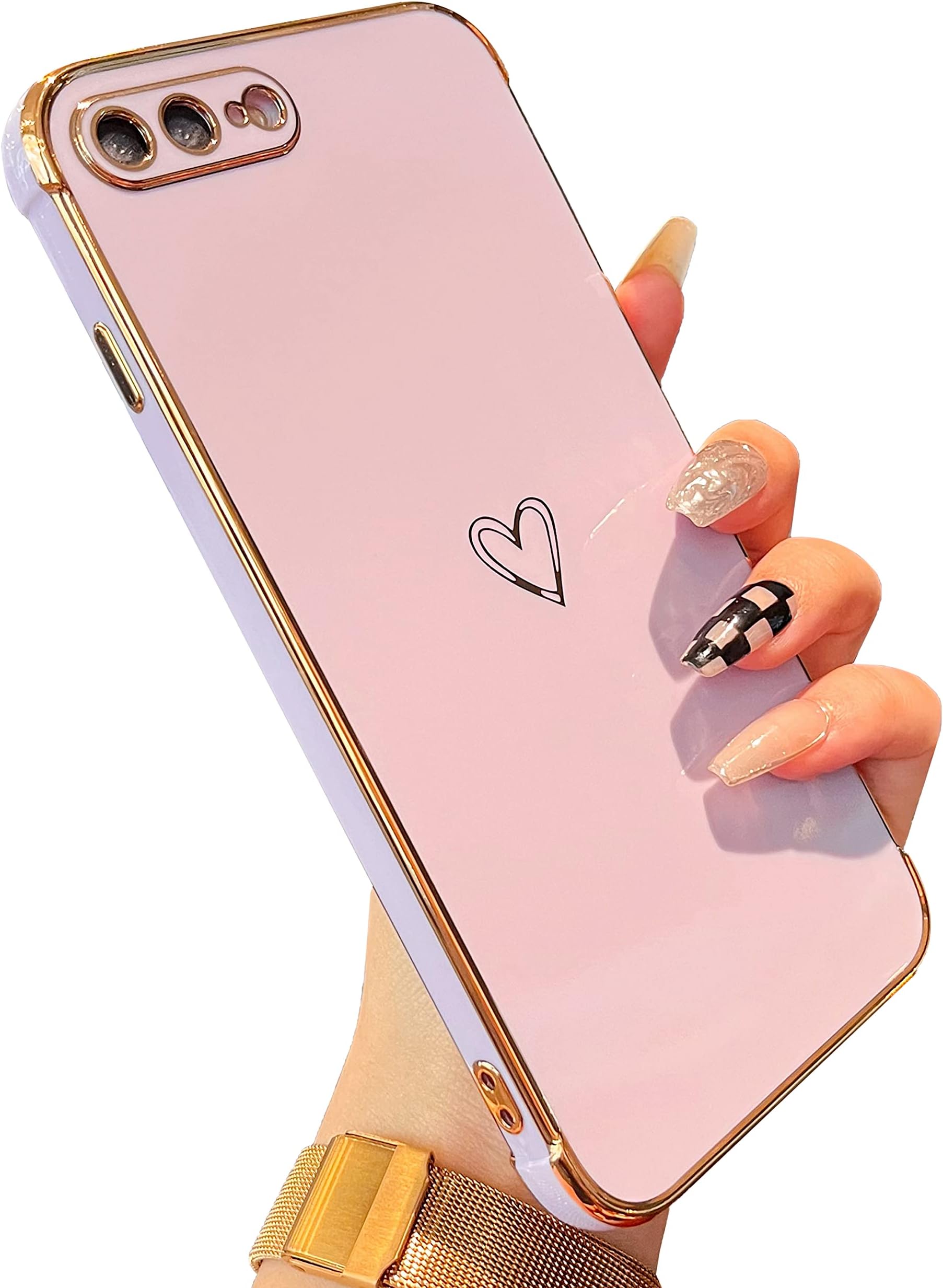 ZTOFERA Compatible with iPhone 7 Plus/iPhone 8 Plus Case for Girls Women, Flexible Silicone Protective Phone Case with Cute Love Heart Pattern Golden Edging Shockproof Bumper Cover, Purple