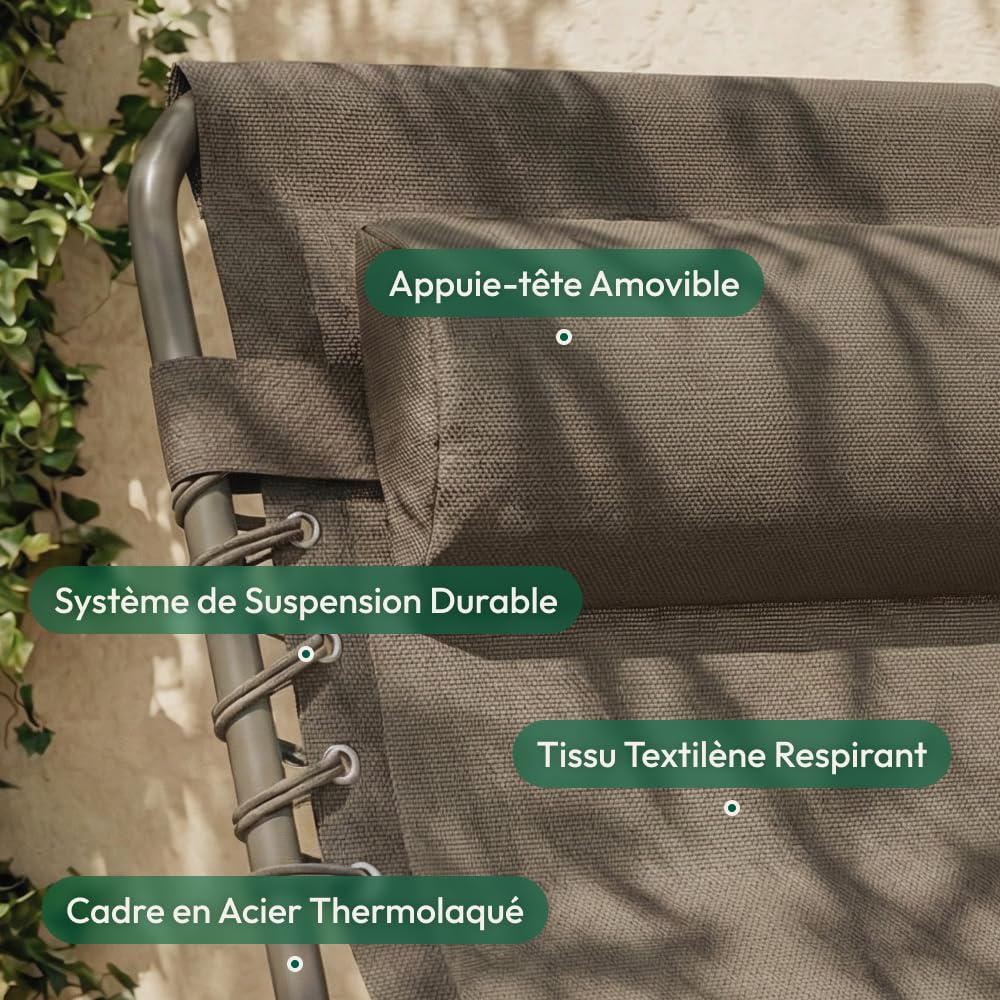CASABEL Chaise Longue Pliante, Inclinable, Taupe | Coussin déperlant confortable, Dossier inclinable, Toile textilene respirante, Structure acier anti-rouille, Pliable, légère