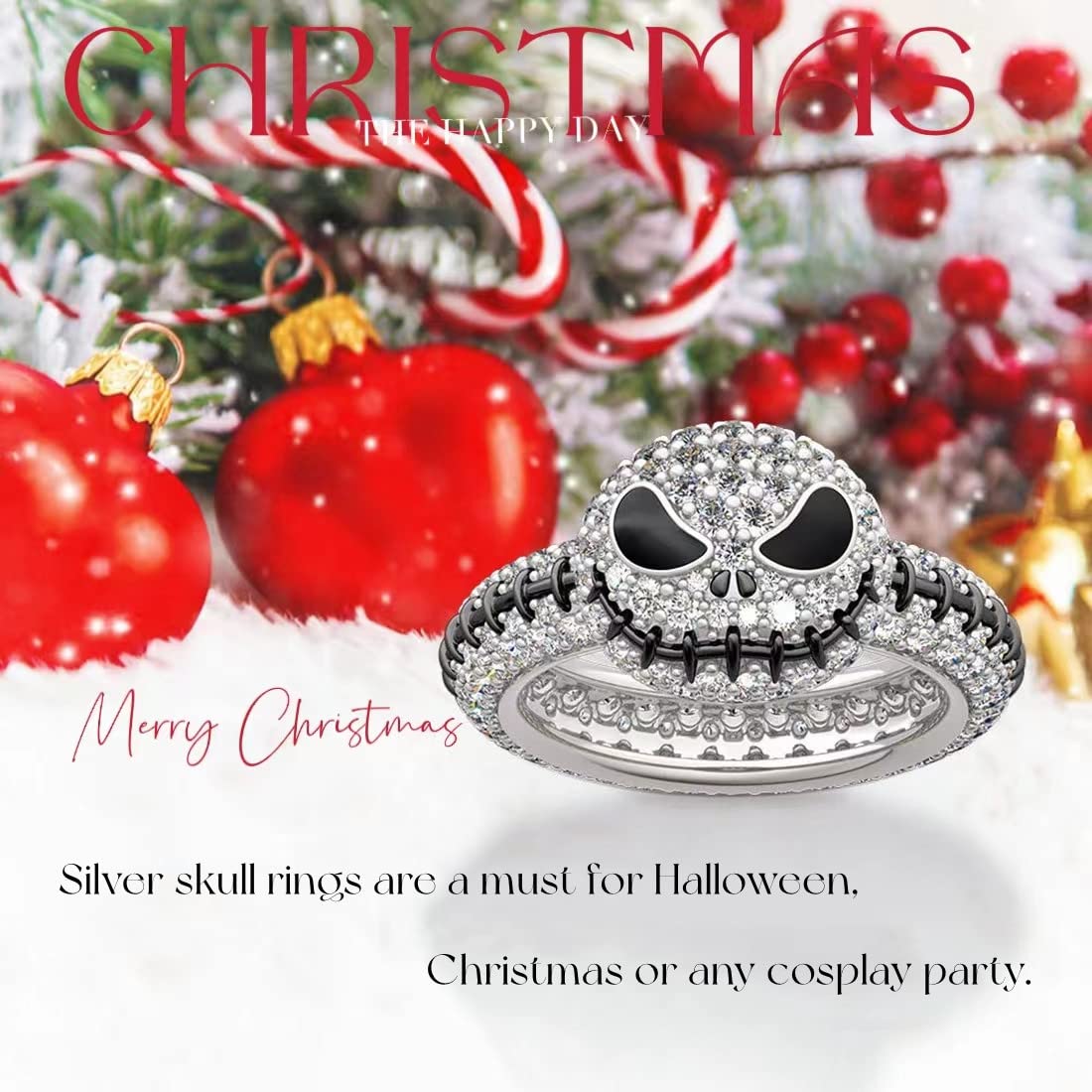 GAUEIOUR Anillo de Navidad de calavera, lindo anillo de Navidad de Halloween, con diseño de calavera de diamante de aceite de goteo, anillo creativo de moda, calabaza y calavera, Medium, Plata