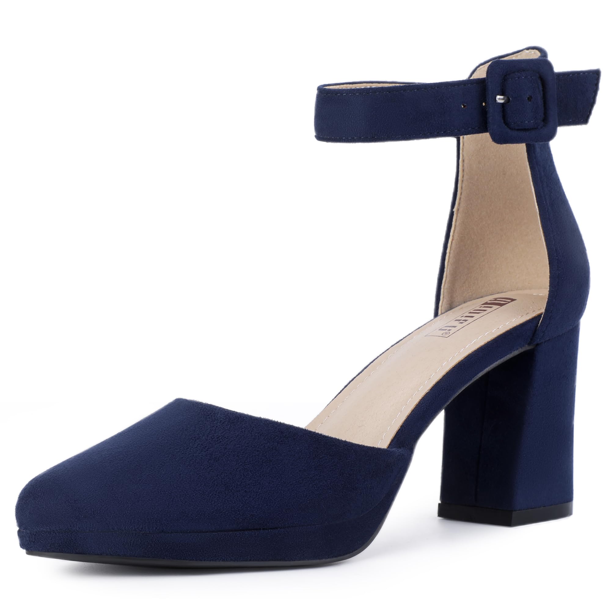 IDIFU IN3 Womens Closed Toe Heels Chunky Block Platform Pumps Pointed Toe Ankle Strap Dress Shoes for Women Comfortable Wedding Short Low Pumps Shoes