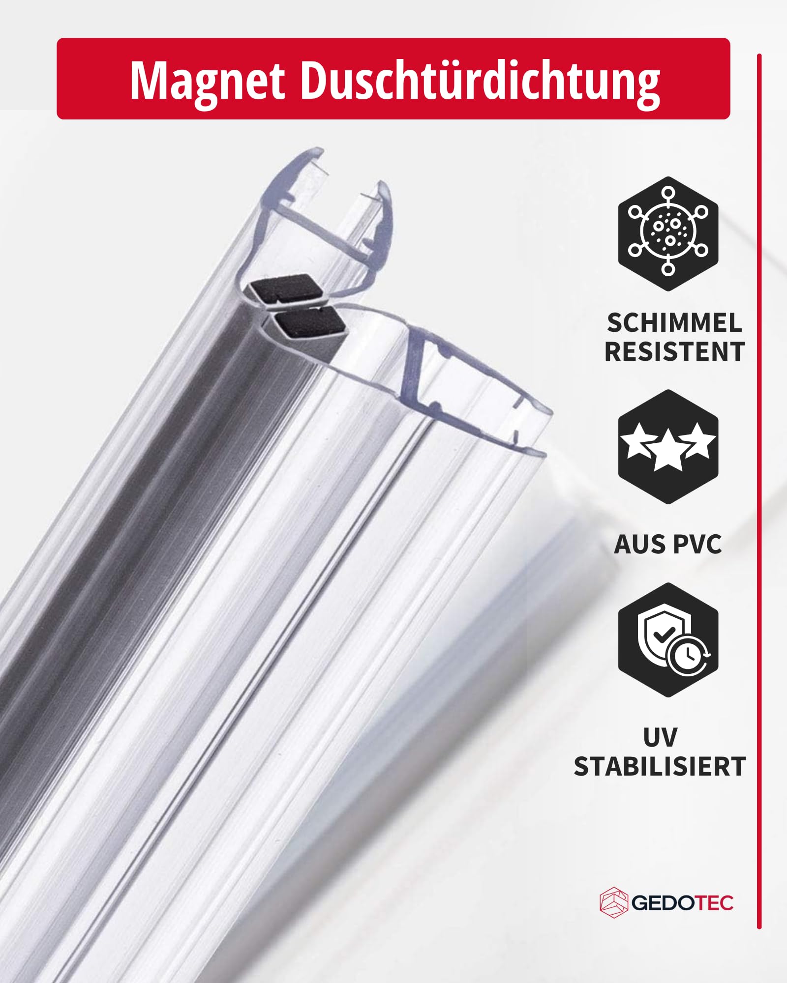 Gedotec Joint a levre magnetique pour douche 90° - 1 paire Longueur 2 m - verre 6-8 mm - PVC transparent - Cabines de douche, paroi
