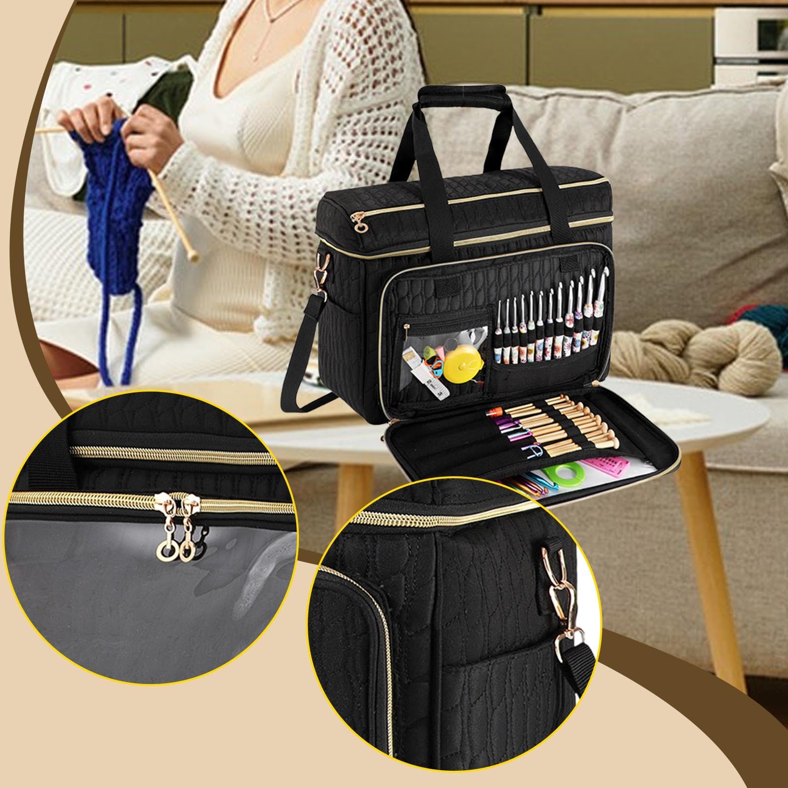 Bolsa de Tejer, Soporte para Guardar Hilo, Elegante Bolsa de Costura, Accesorios, Asa Portátil para Mesa de Parque, Negro, Individual