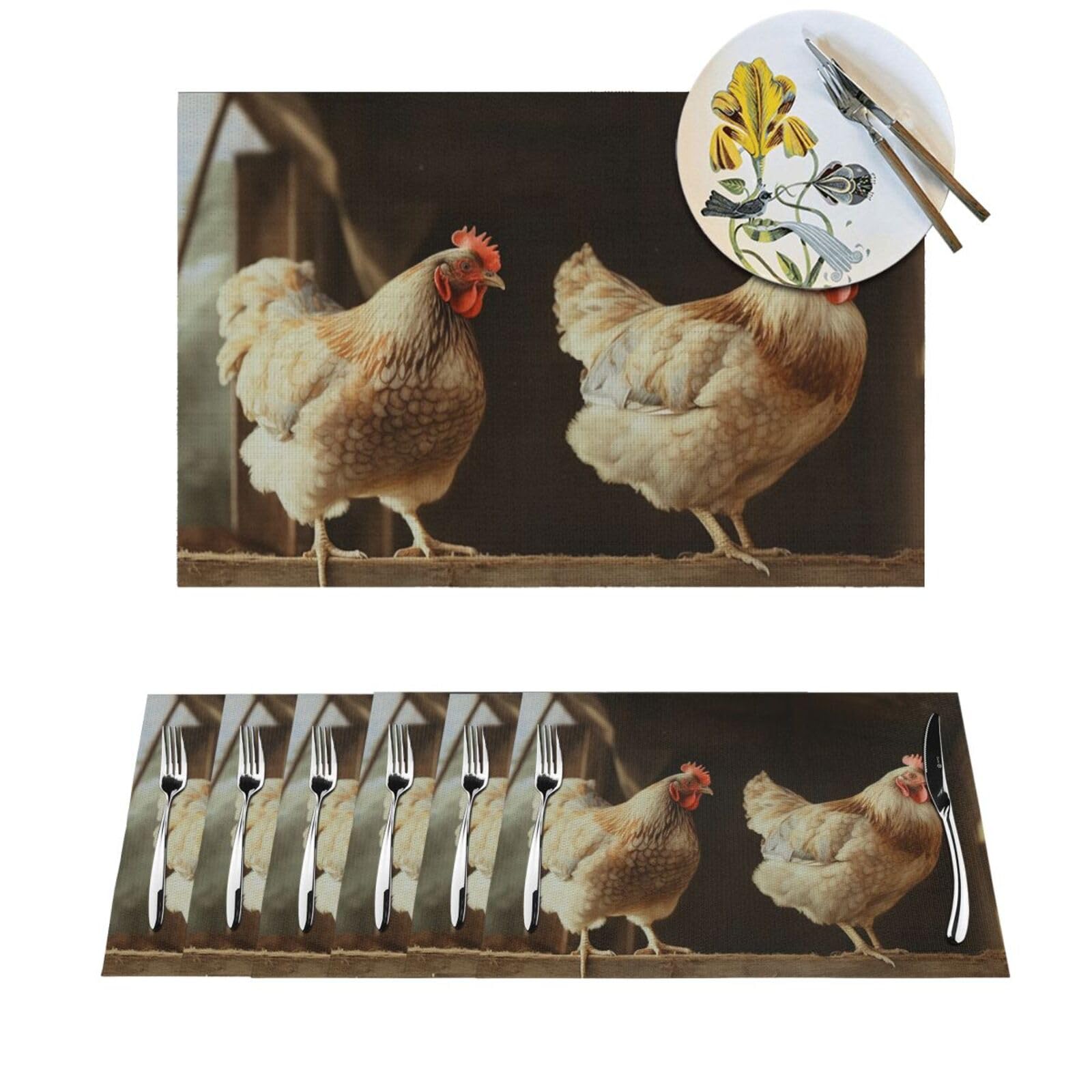 Set de table en PVC tissé poules lot de 6 pièces lavables 45x30 cm