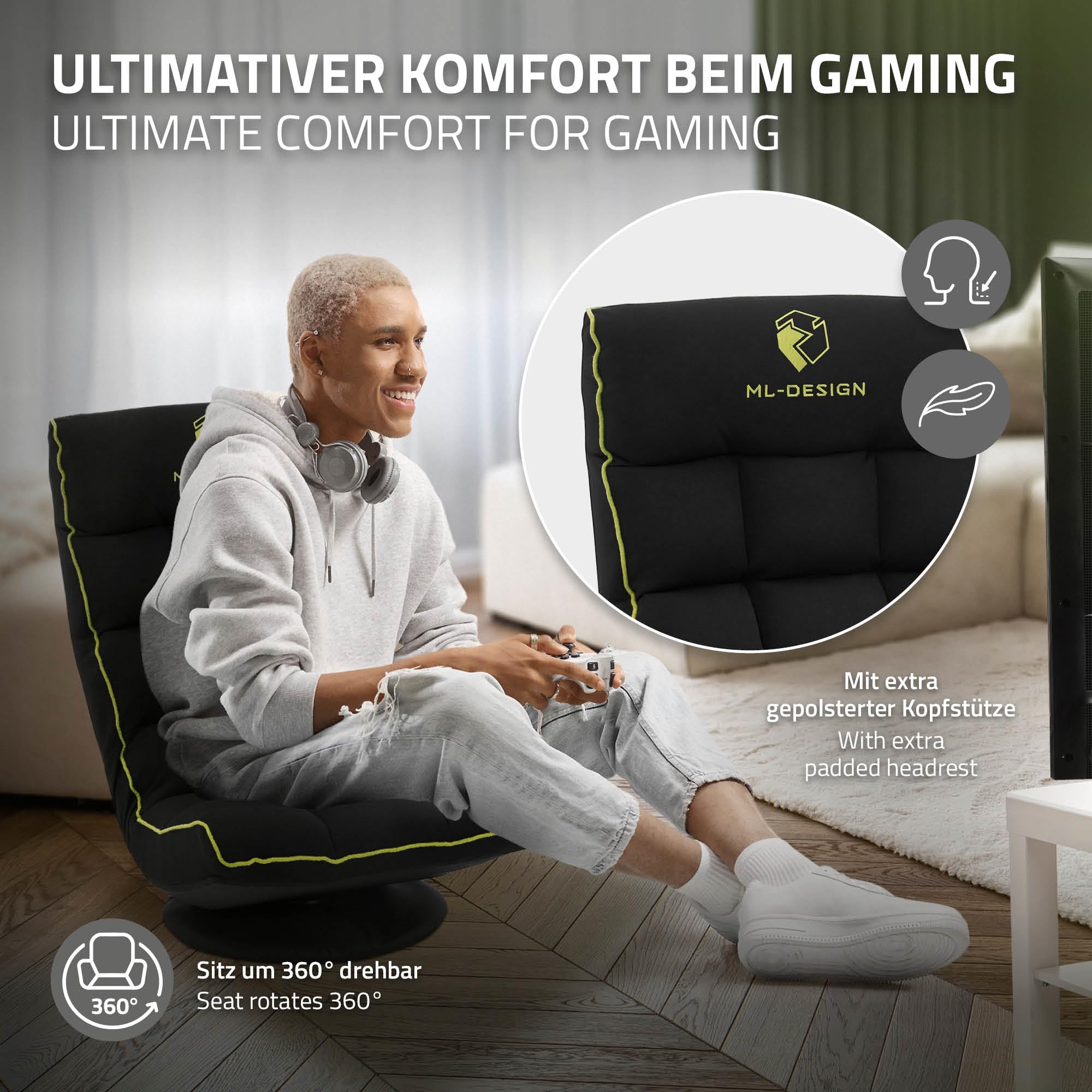 ML-Design Fauteuil de Sol Gaming Noir-Vert, Pivotant 360°, Modèle de Jeu Pliable avec Appui-Tête, Dossier Réglable et Rembourré, Siège Multi-Positions Relaxant, Confort pour Lounge Salon ou Chambre