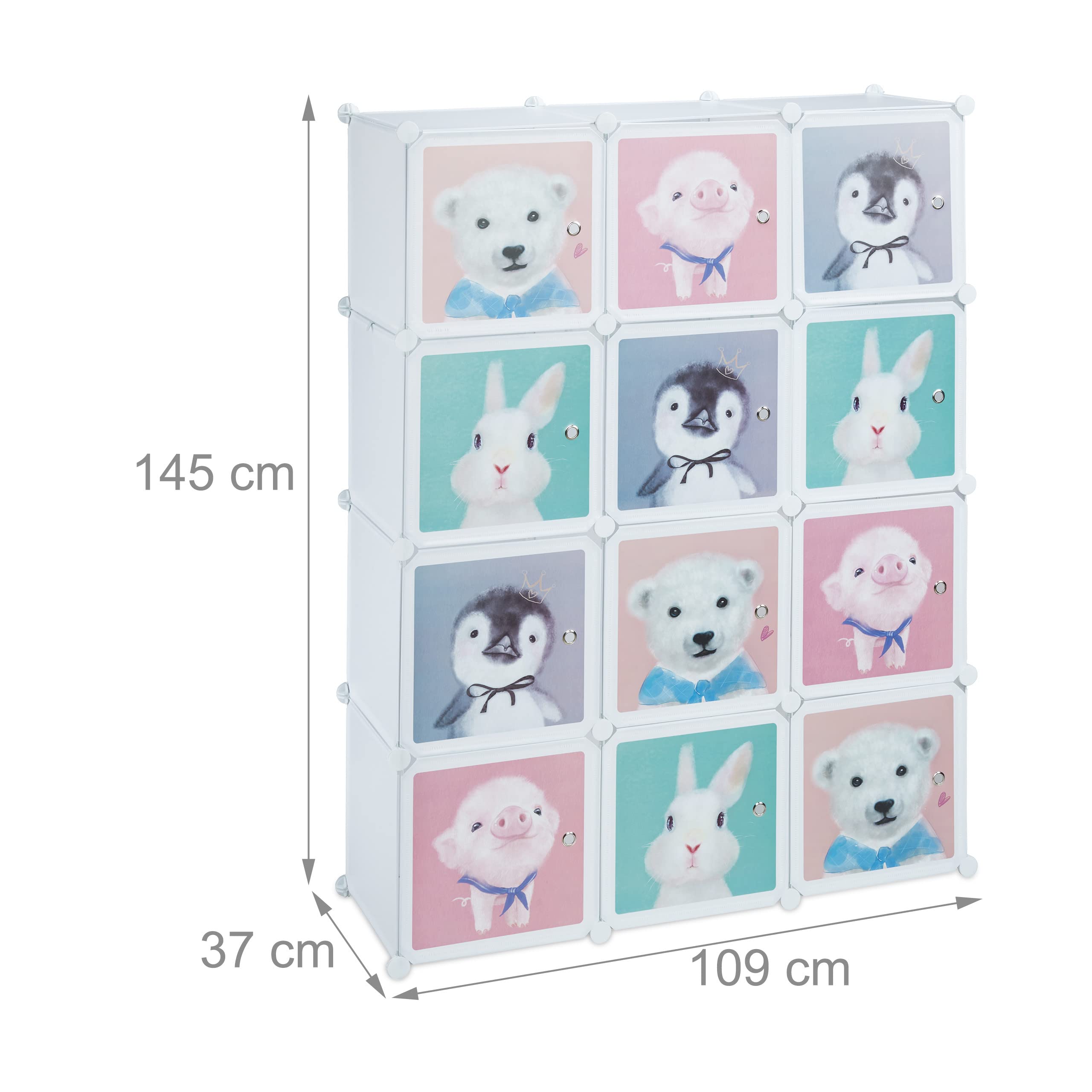 Relaxdays Scaffale Componibile da Cameretta, 8 Scomparti, Disegni di Animali, con Ante, HLP 145 x 109 x 37 cm, Bianco
