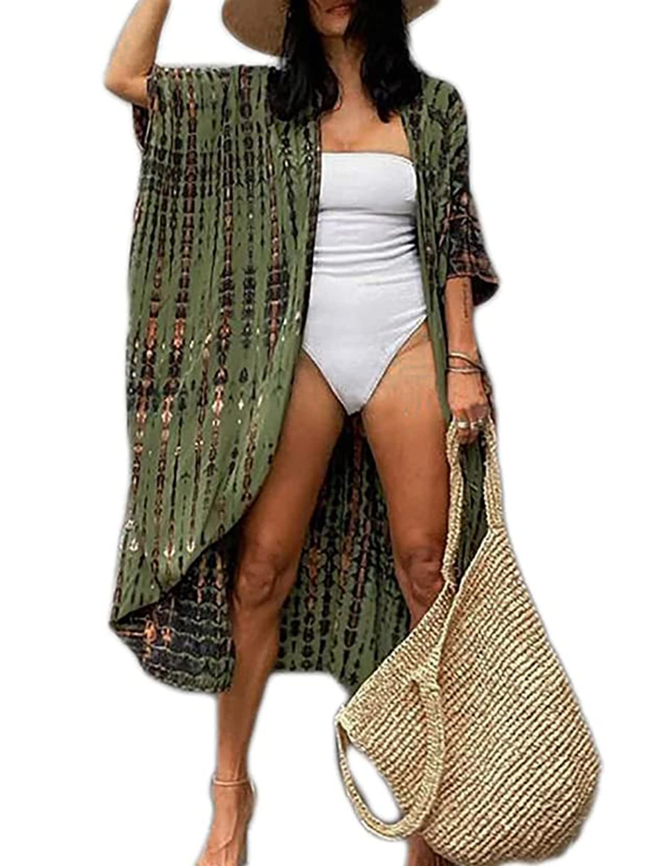 HYUET Mujer Kaftan Vestido de Playa Tie Dye Algodón Cárdigan Maxi Kimono Pareos y Camisola Camisas Playa Bohemia Boho Suelto Verano Traje de Baño Bikini Cover Up Talla Grande Elegante