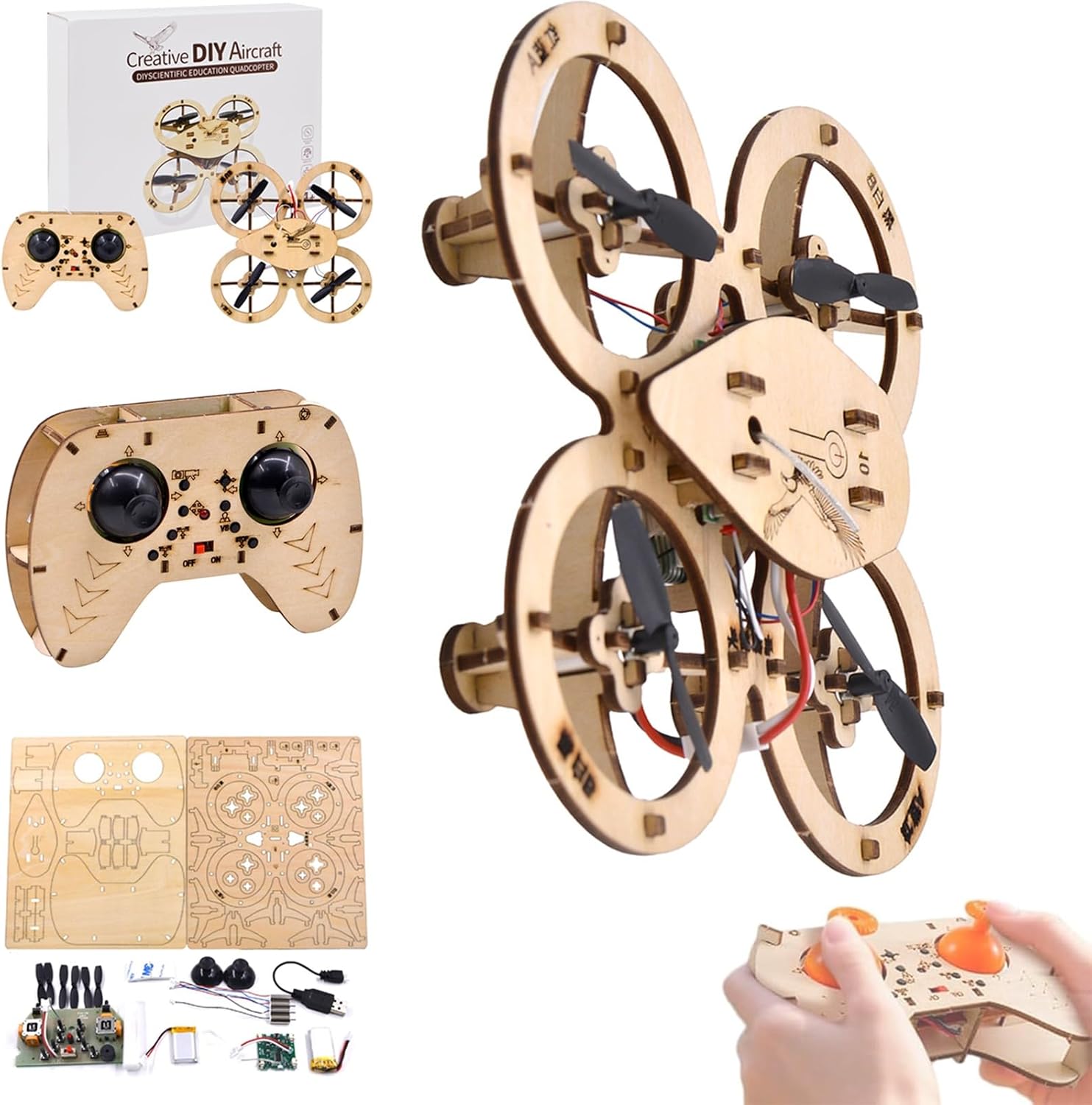 Wooden Drone Model Kit, DIY Wooden Building Blocks Flying Toys Assembled Kit, Remote Control Mini Quadcopters, Creative Building Model for Teens & Adults to Assemble and Fly (1Pcs)