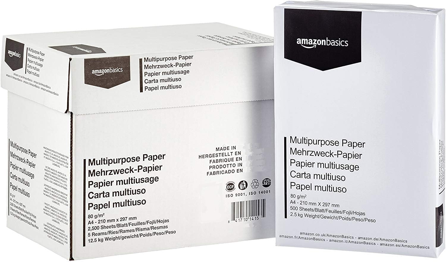 Amazon Basics Multi-Purpose Copy Printer Paper, A4 80 GSM, 2500 Count (Pack of 5), White