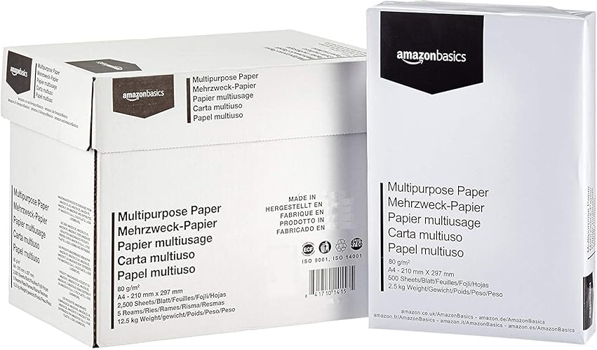 Amazon Basics Multi-Purpose Copy Printer Paper, A4 80 GSM, 2500 Count (Pack of 5), White - 1 Box | 2,500 Sheets