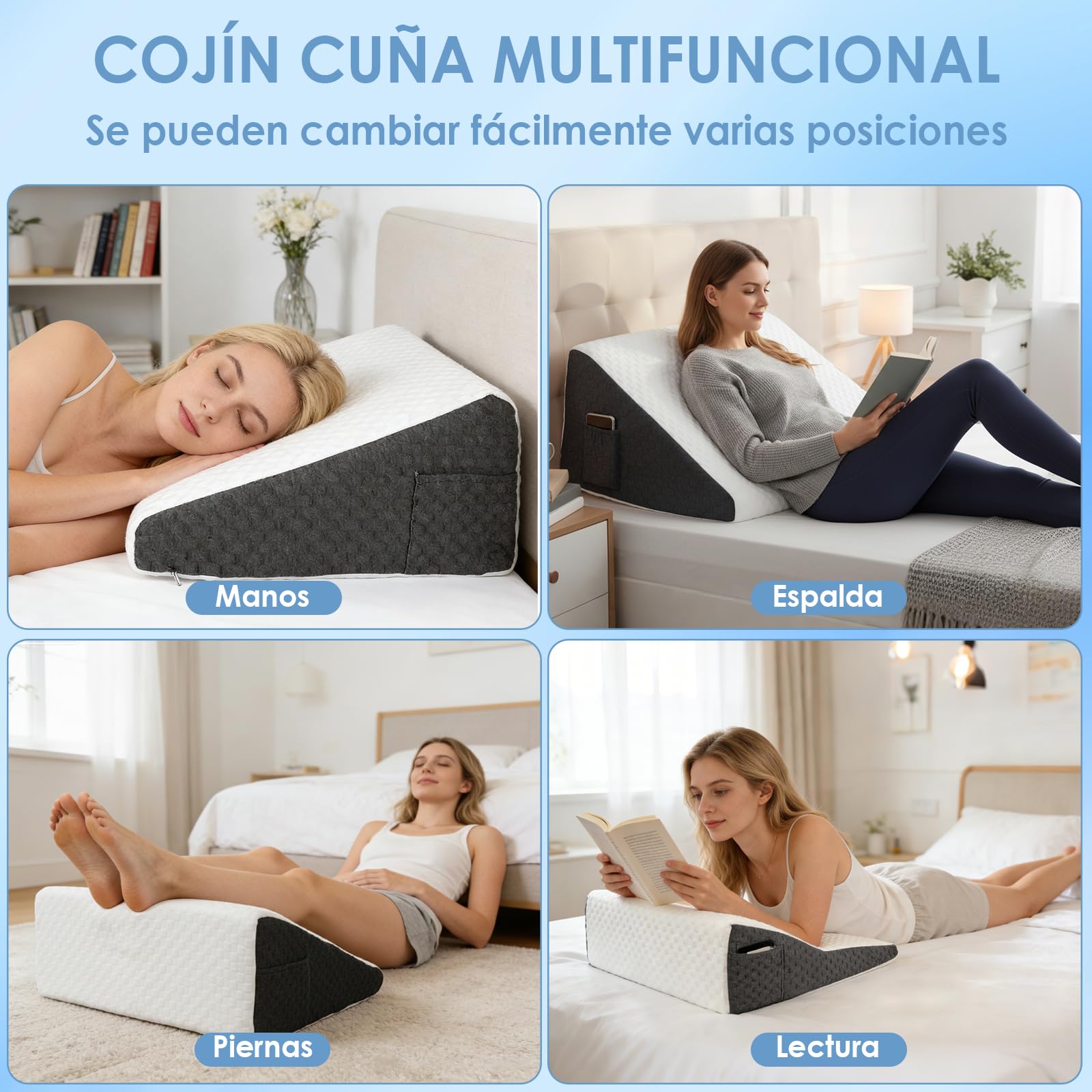 Cuña Antireflujo Adulto, Cojin Lectura Cama, Almohada Cuña, Soporte para La Espalda y Elevador de Piernas con Forma Triangular, para Cama y Sofá