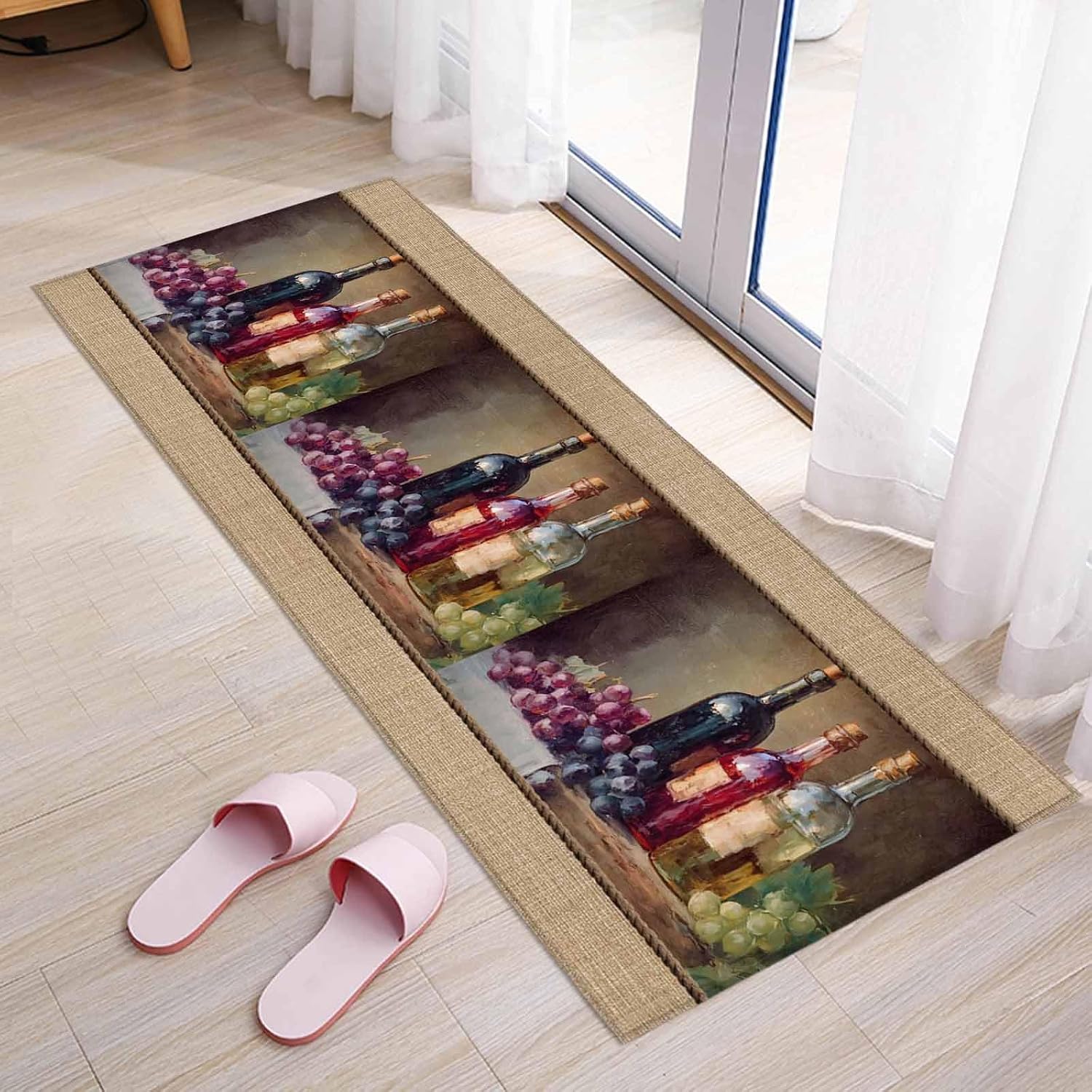 Teamery Kitchen Mats for Floor Pastoral Grape Leaves Wine Washable Non Slip Kitchen Rugs 1PCS, Country Plank Retro Linen Absorbent Standing Mats for Sink Bathroom Office Living Room 23.6x70.9in