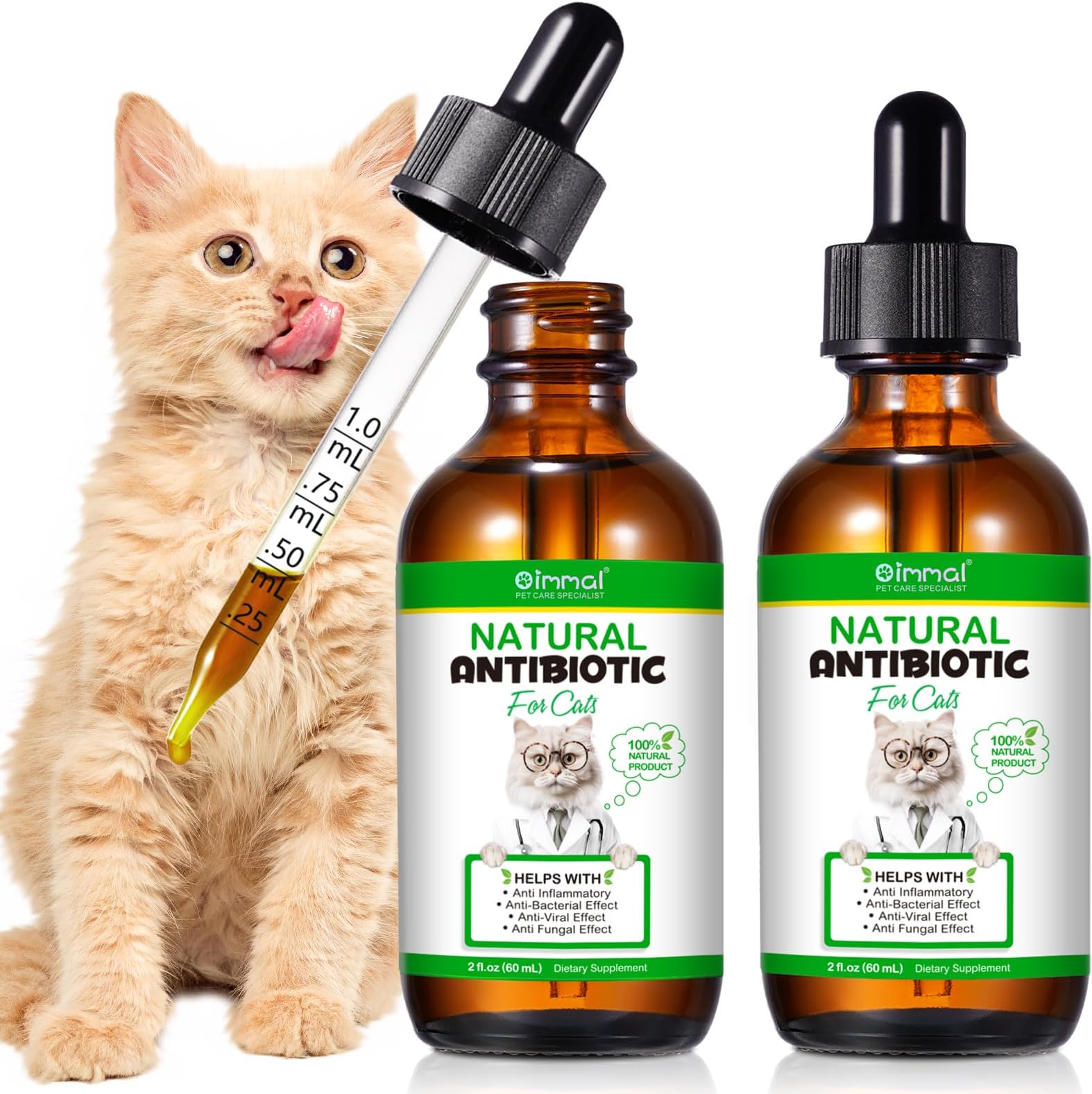 Cat Antibiotics for Infection, Natural Antibiotics for Cats, Cat Multivitamins, Cat Antibiotic Supports Immune and Cat Allergy Itch Relief, Pet Antibiotics Supplements, Chicken Flavor, 4 Fl Oz/2 Pack