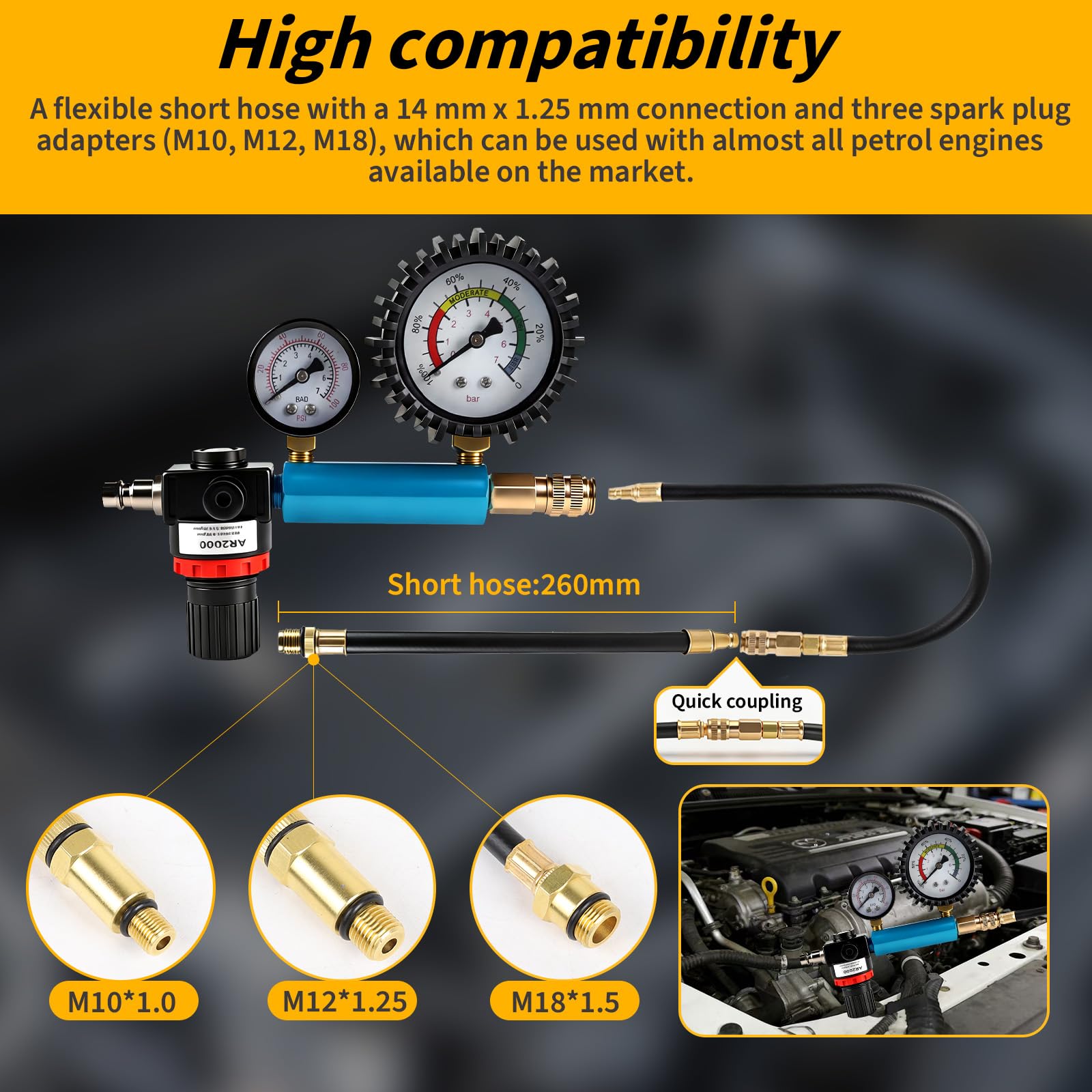 CPROSP 46 Piezas Tester de Compresión y Pérdida de Presión (0-50 Bar / 0-7 Bar), Comprobador de Compresión para Motor de Gasolina/Diésel, Compatible HDI, TDCi, para Coches, Camiones, Autobuses, Motos