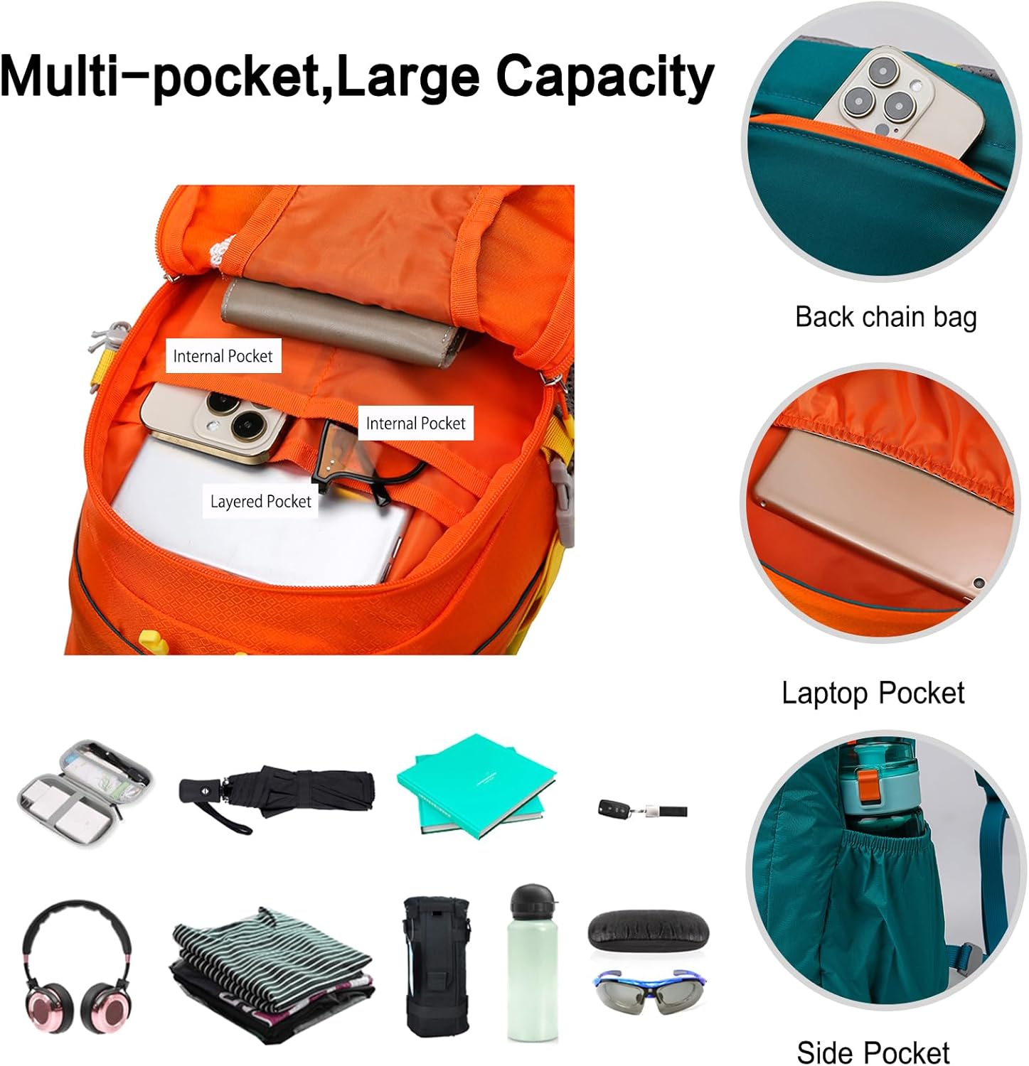 PORRASSO Hiking Backpack Waterproof Daypack 20L Rucksack Lightweight Backpack for Women Men Trekking Cycling Climbing Outdoor Sports Black
