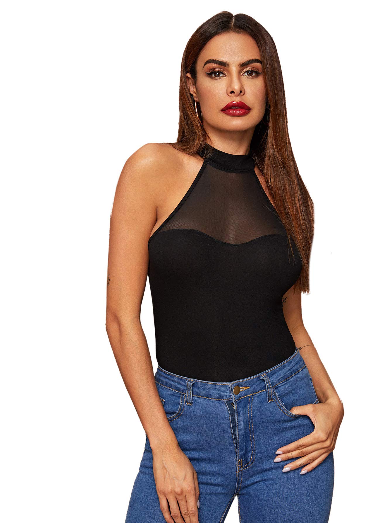 Romwe Women's Sexy Mesh Sheer Sleeveless Solid Slim Fitted Party Halter Top Vest 