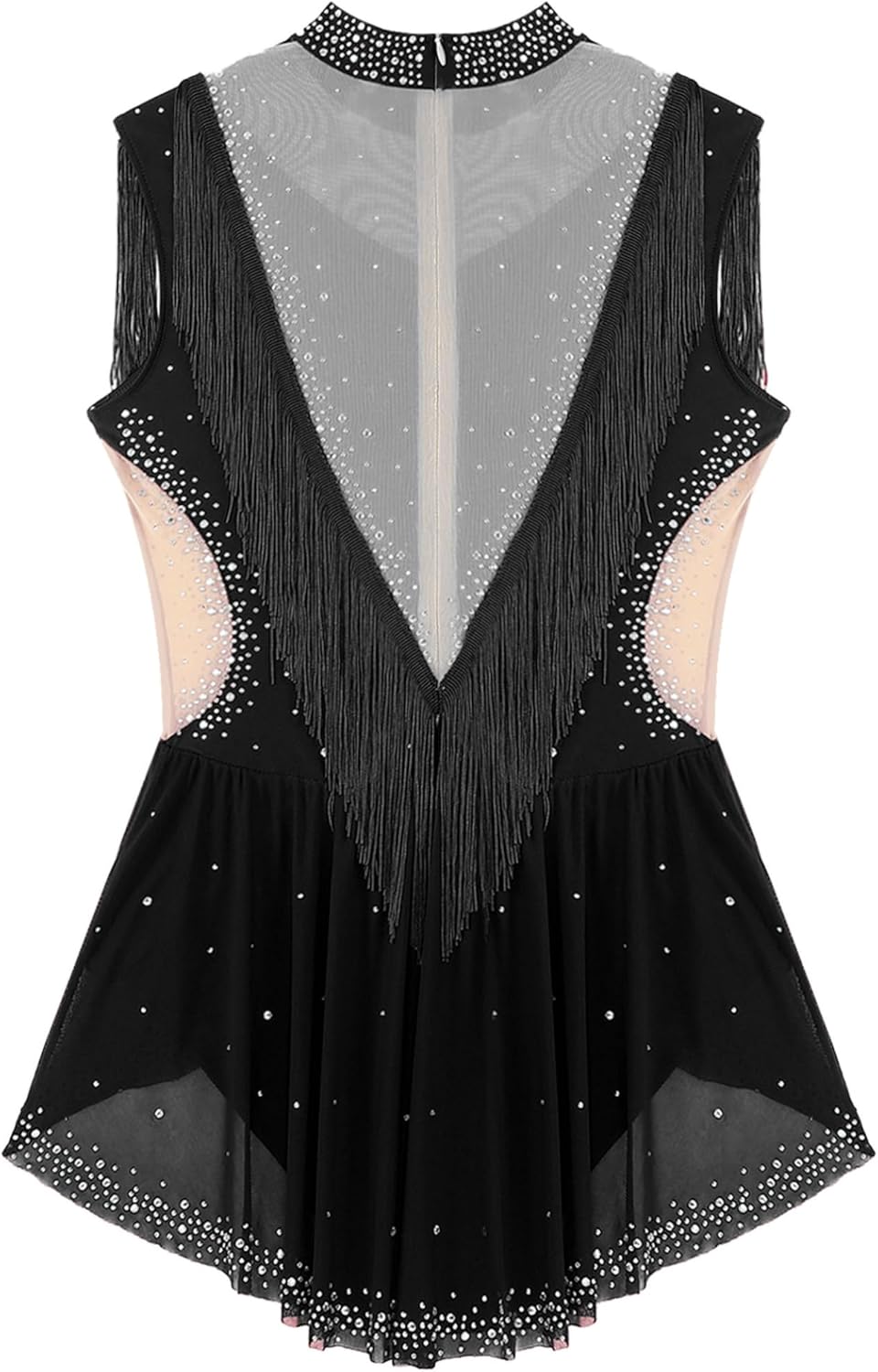 Vxuxlje Women's Shiny Rhinestone Tassel Latin Dance Dress Sleeveless Ruffled Skirted Leotard