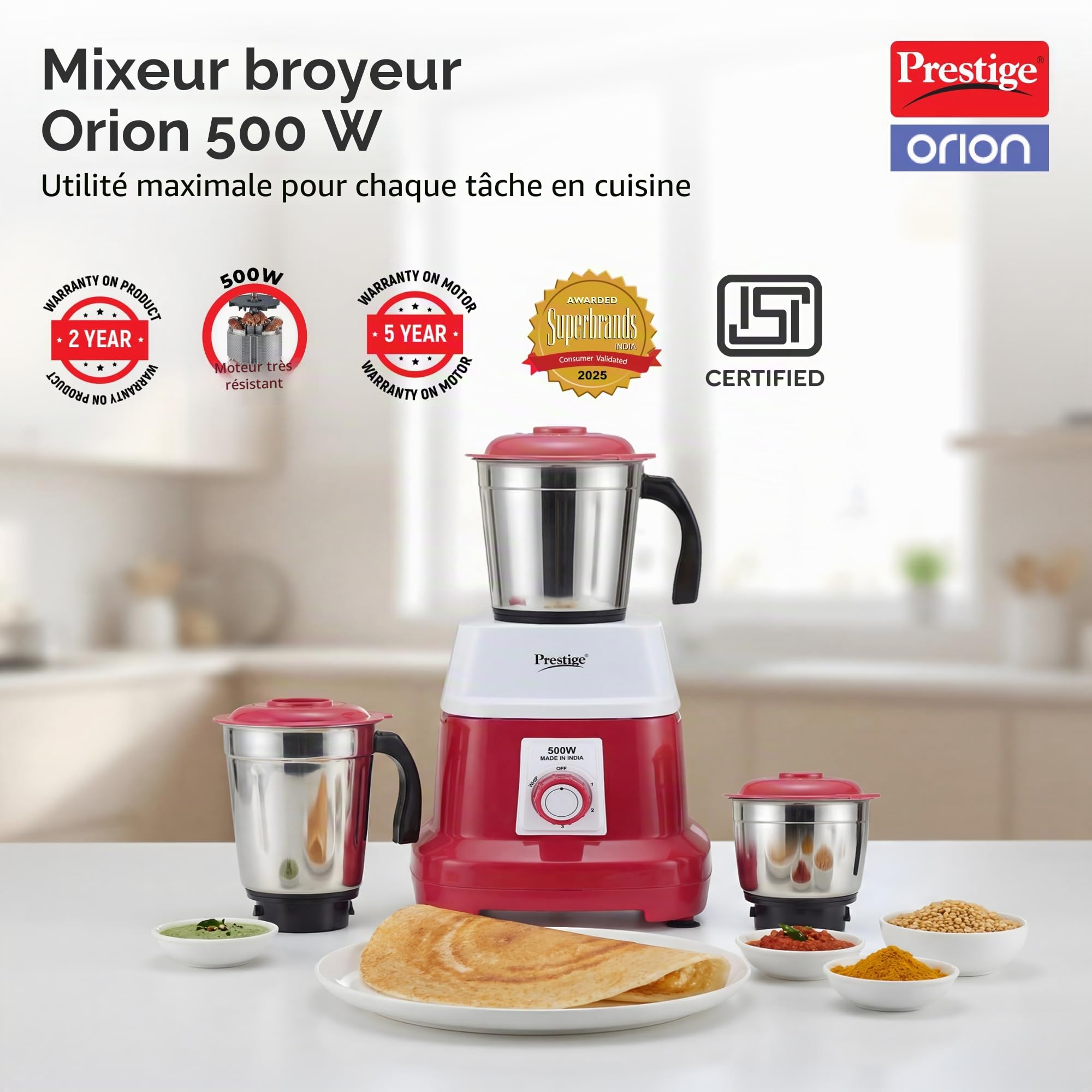 Prestige Orion Mixeur broyeur 500 watts avec 3 bols en acier inoxydable | 3 lames en acier inoxydable super efficaces | Poignées robustes | Rouge et blanc
