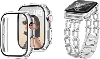 Newlibery Silver Hard PC Case HD Screen Protector Double Chain Band Bundle | Compatible with Apple Watch Series 6/5/4/SE3/SE2/SE
