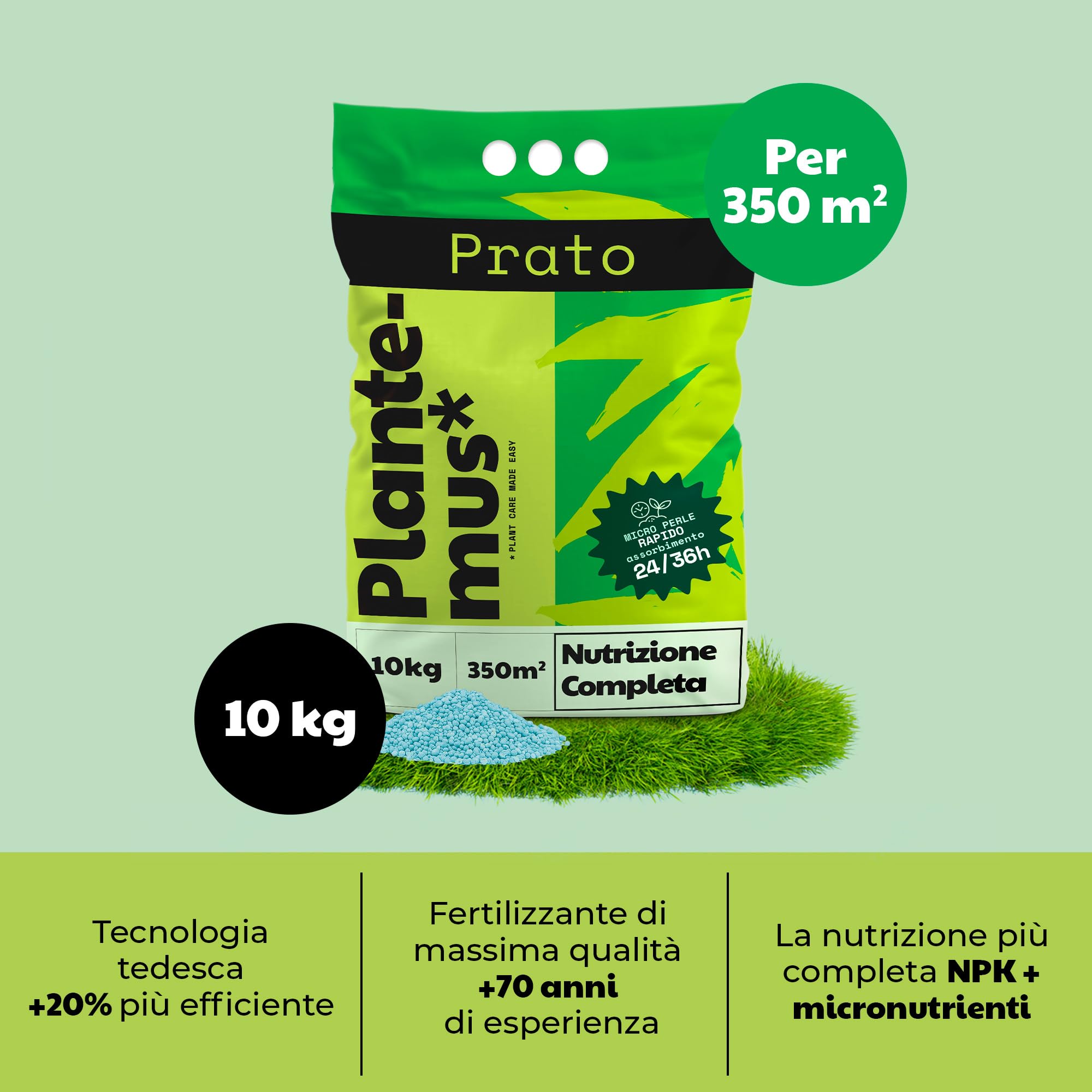 PLANTEMUS Concime per Prato Premium a Effetto Prolungato per 350 m² | Concime NPK (12-11-18) granulare in Perle Ultrasolubili | Nutrizione Completa per un Prato Forte, Verde e Denso 10 kg