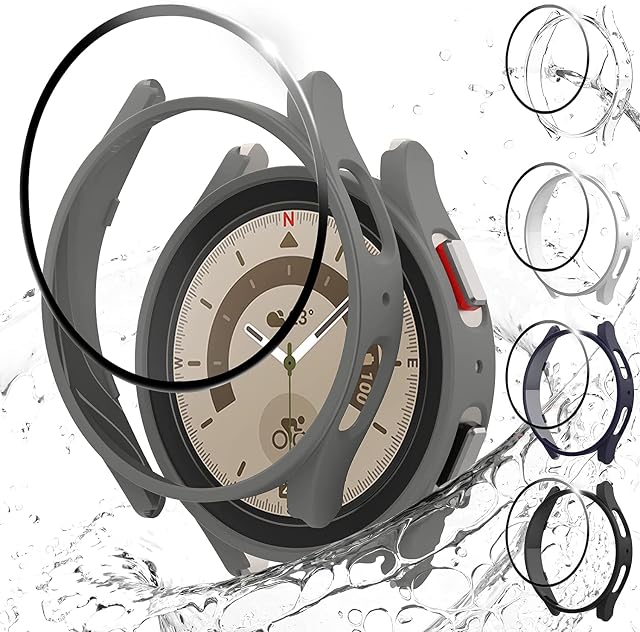 Aimtel [5 +5 Pack] Galaxy Watch 5 Pro 45mm Screen Protector&Case,Galaxy Watch 5 Pro 45mm Tempered Glass Screen Protector & Case Cover Hard PC Bumper Compatible for Samsung Galaxy Watch 5 Pro 45mm