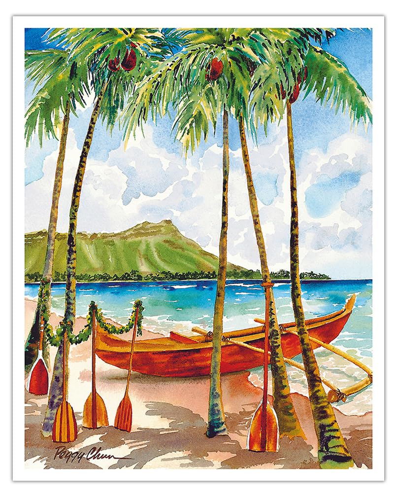 A Peaceful Voyage - Hawaiian Canoe (Wa‘a) - Diamond Head Crater - From an Original Watercolor Painting by Peggy Chun - Fine Art Matte Paper Print (