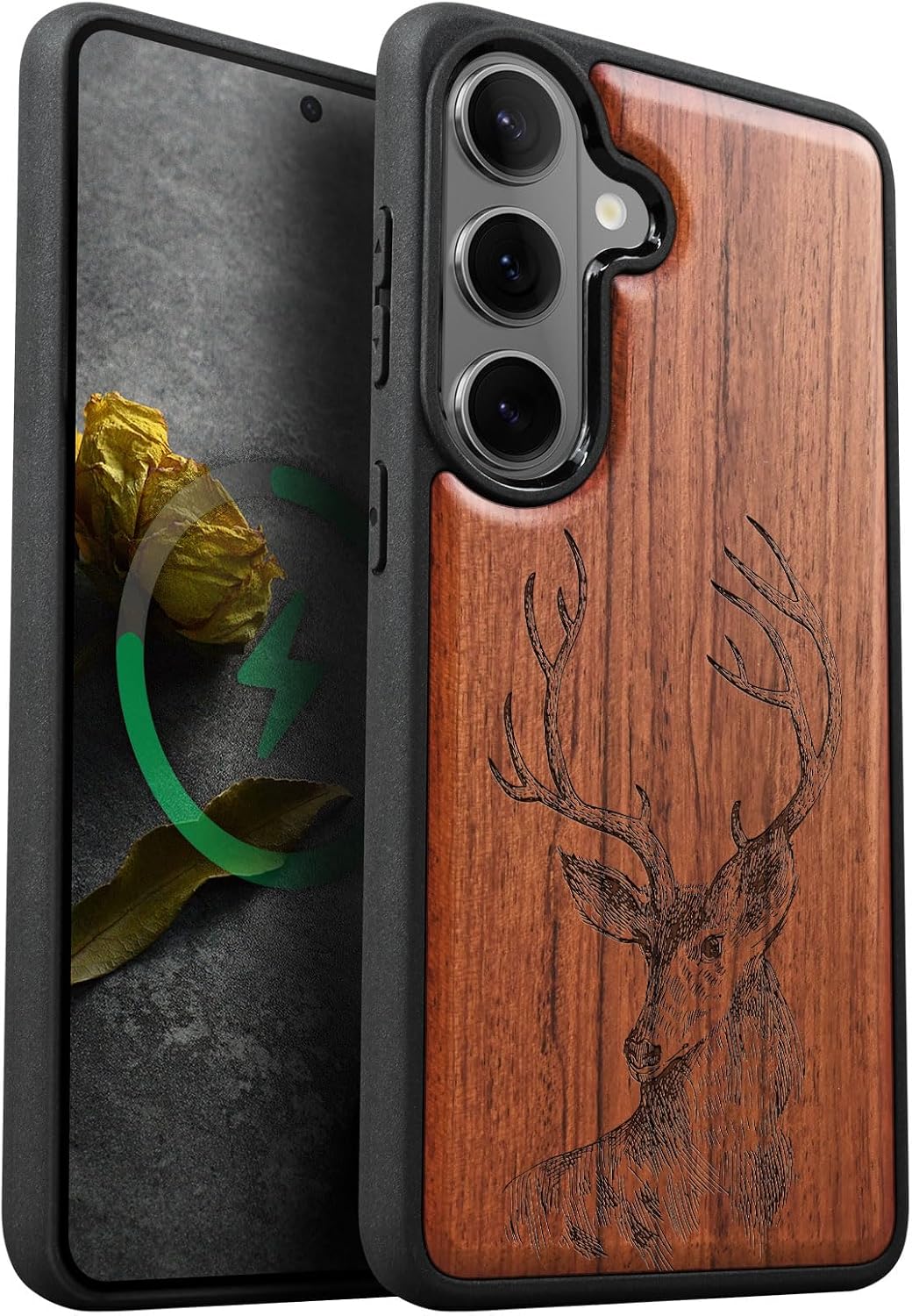 Carveit Magnetic Wooden Case for Samsung Galaxy S26 Case 2026, TPU Shockproof Cover & Wood Artisan Engraved, Compatible with MagSafe Wireless Chargers (Japanese Oni Mask) Rosy